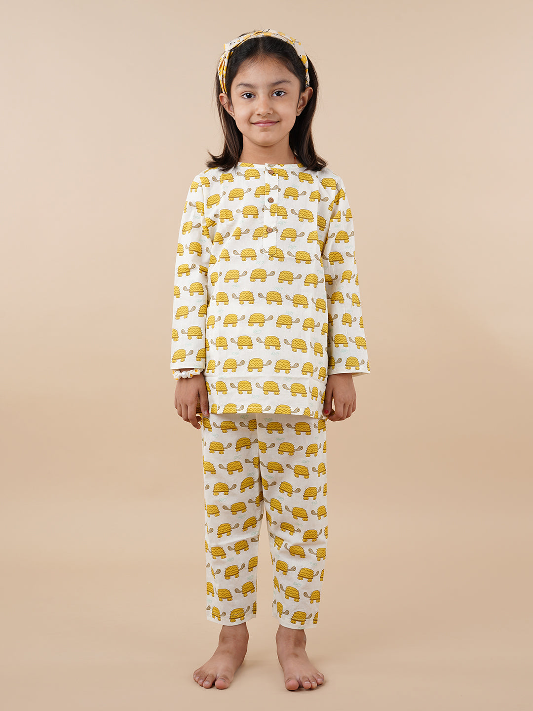 Yellow Turtoise Print Kids Cotton Kurta Pyjama Set