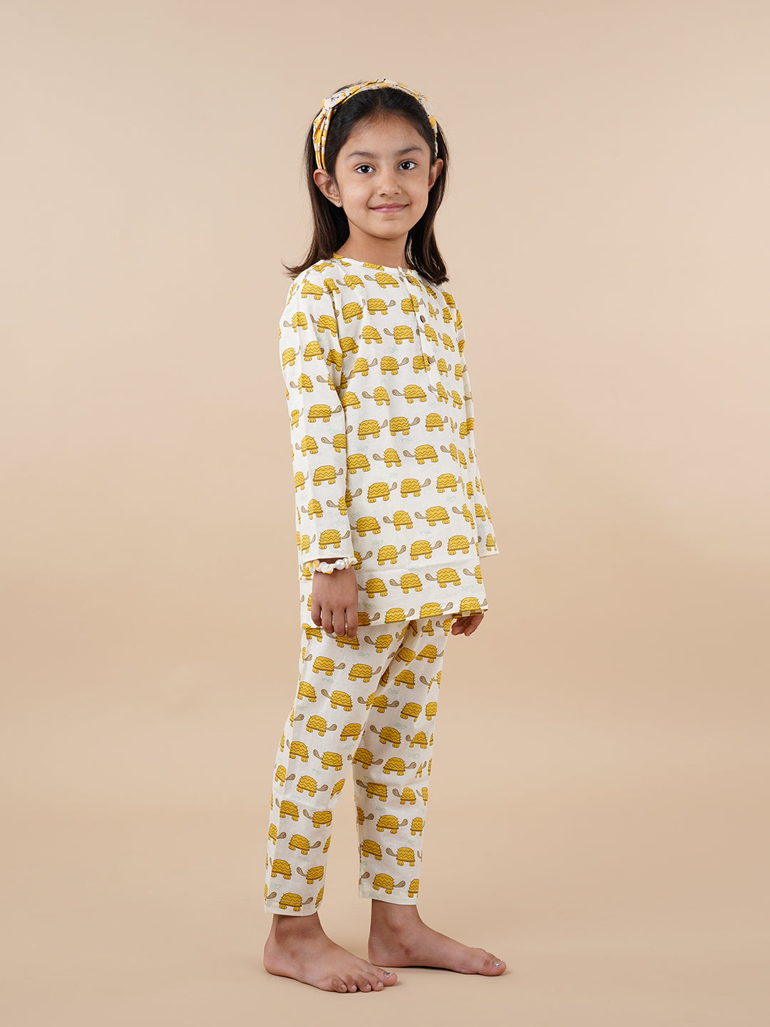 Yellow Turtoise Print Kids Cotton Kurta Pyjama Set