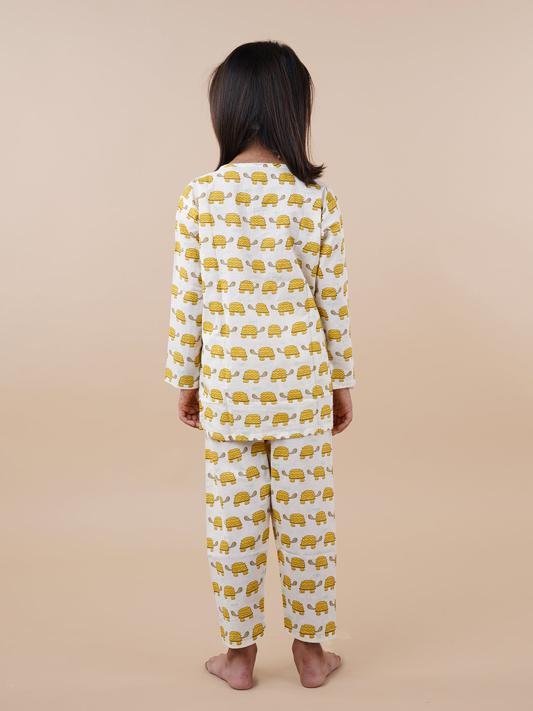 Yellow Turtoise Print Kids Cotton Kurta Pyjama Set