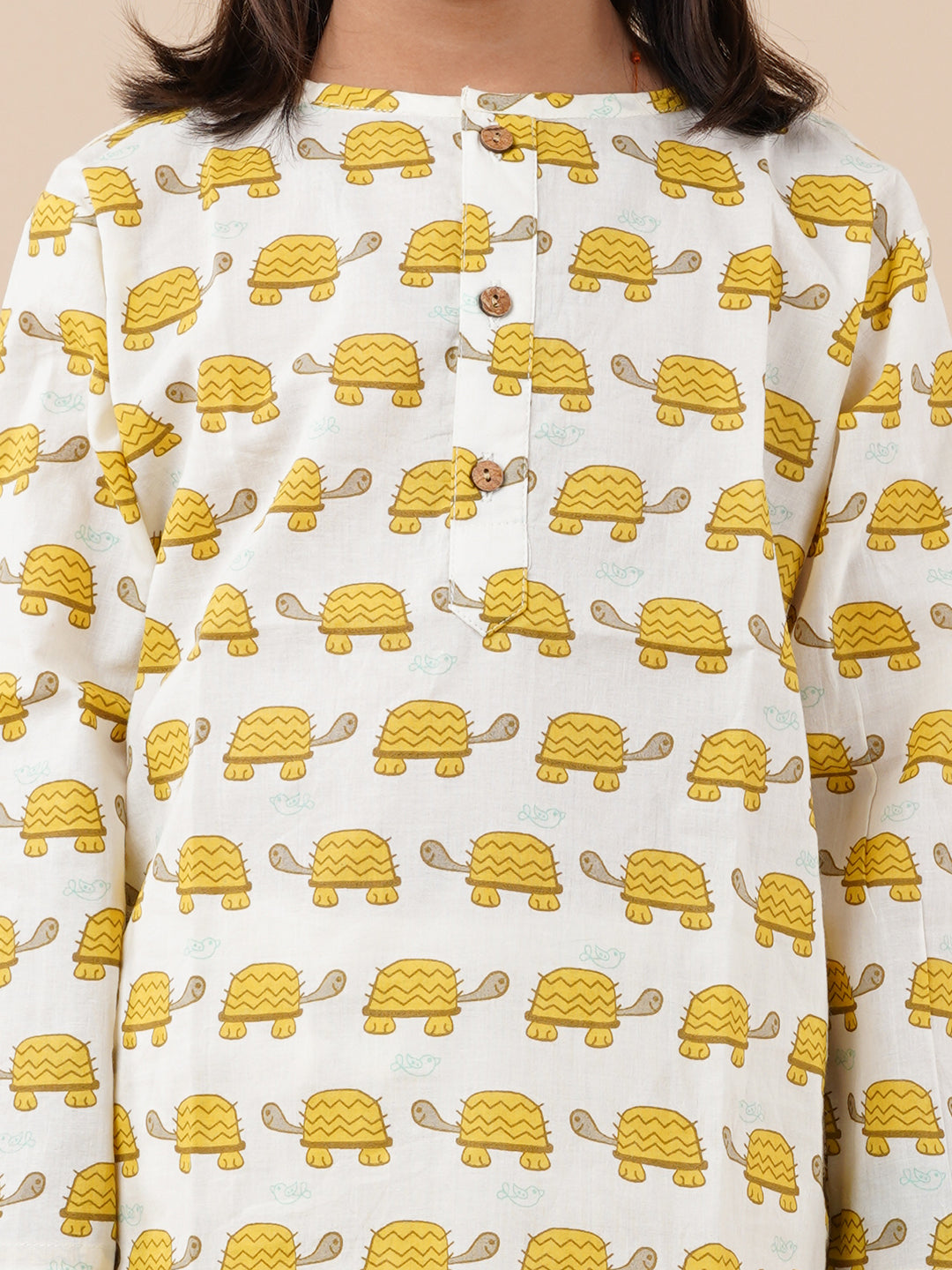Yellow Turtoise Print Kids Cotton Kurta Pyjama Set