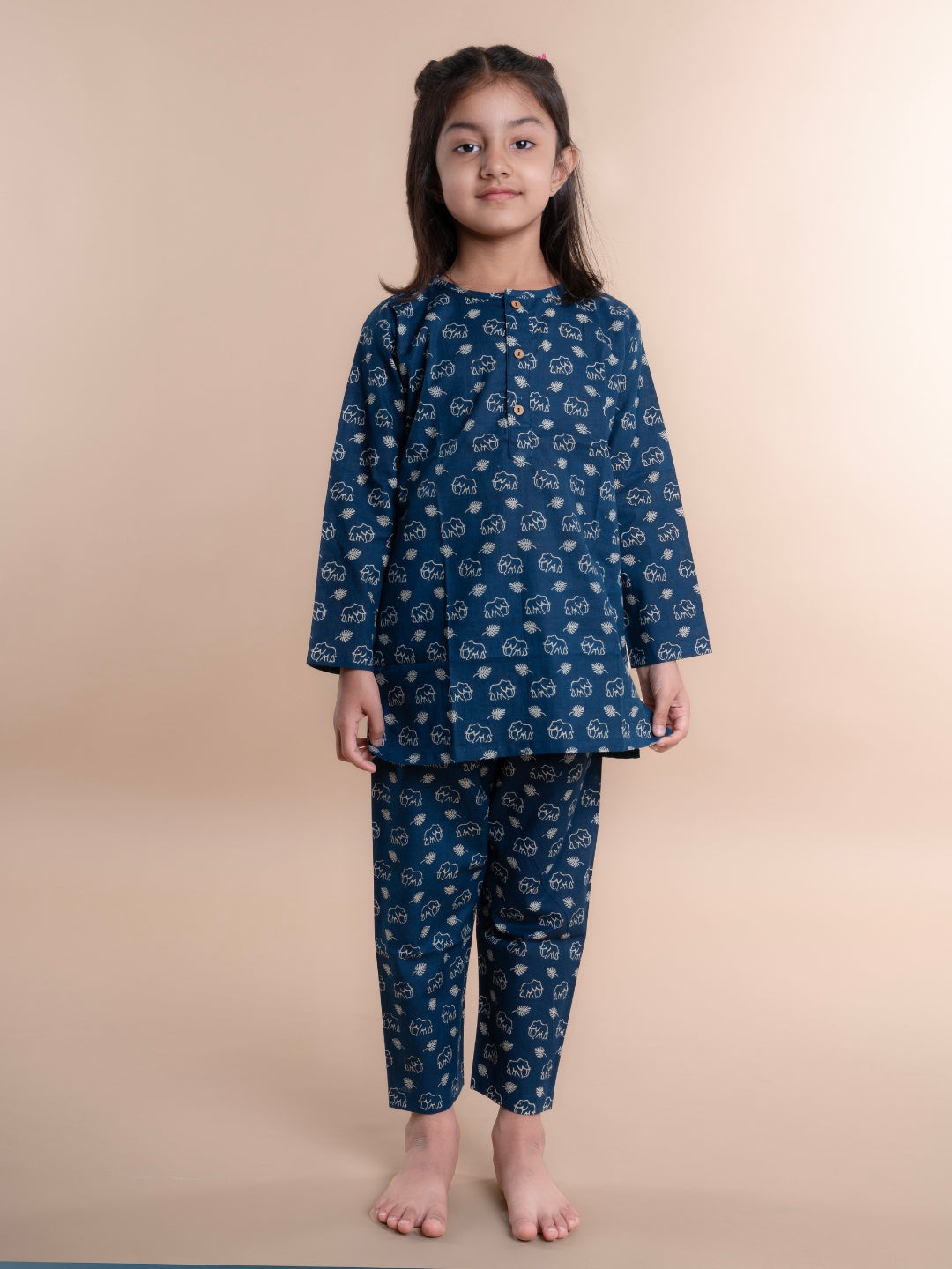 Blue Elephant Print Kids Cotton Kurta Pyjama Set