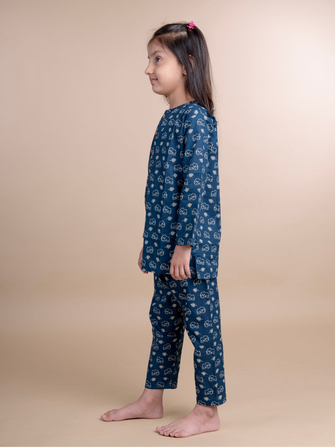 Blue Elephant Print Kids Cotton Kurta Pyjama Set