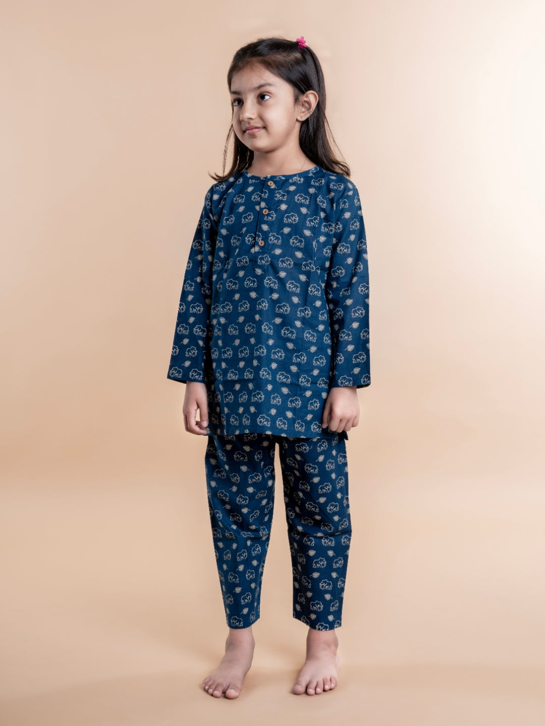 Blue Elephant Print Kids Cotton Kurta Pyjama Set