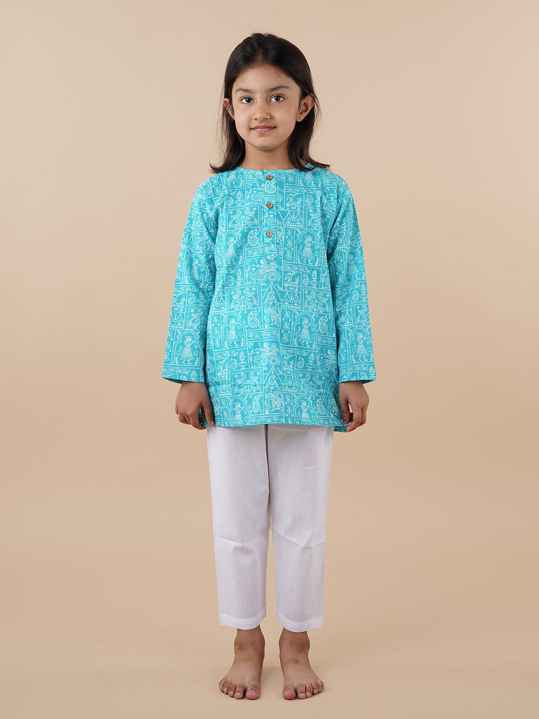 Blue Printed Kids Cotton Kurta Pyjama Set