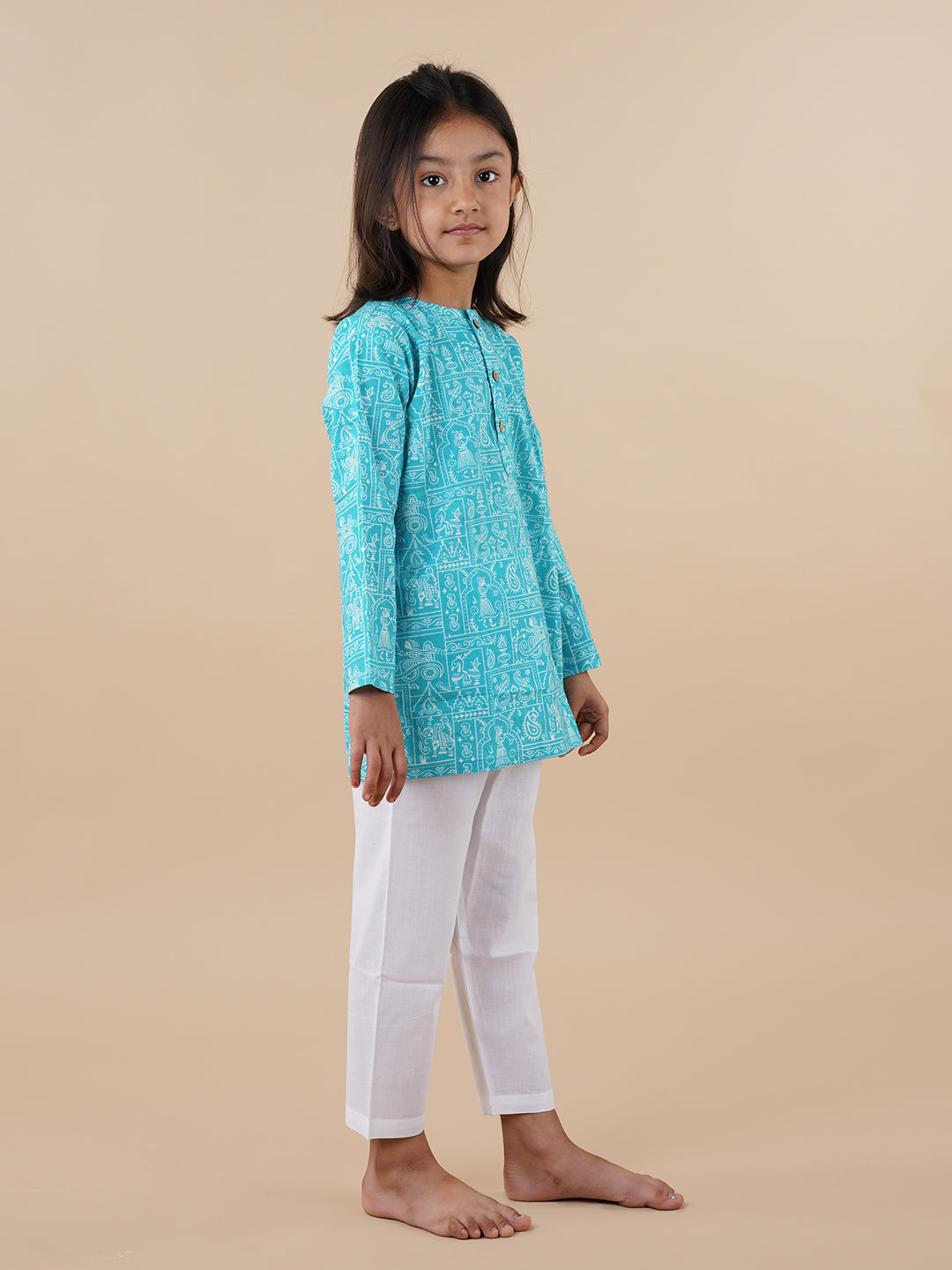 Blue Printed Kids Cotton Kurta Pyjama Set