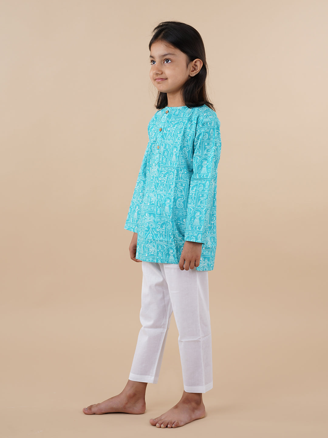 Blue Printed Kids Cotton Kurta Pyjama Set