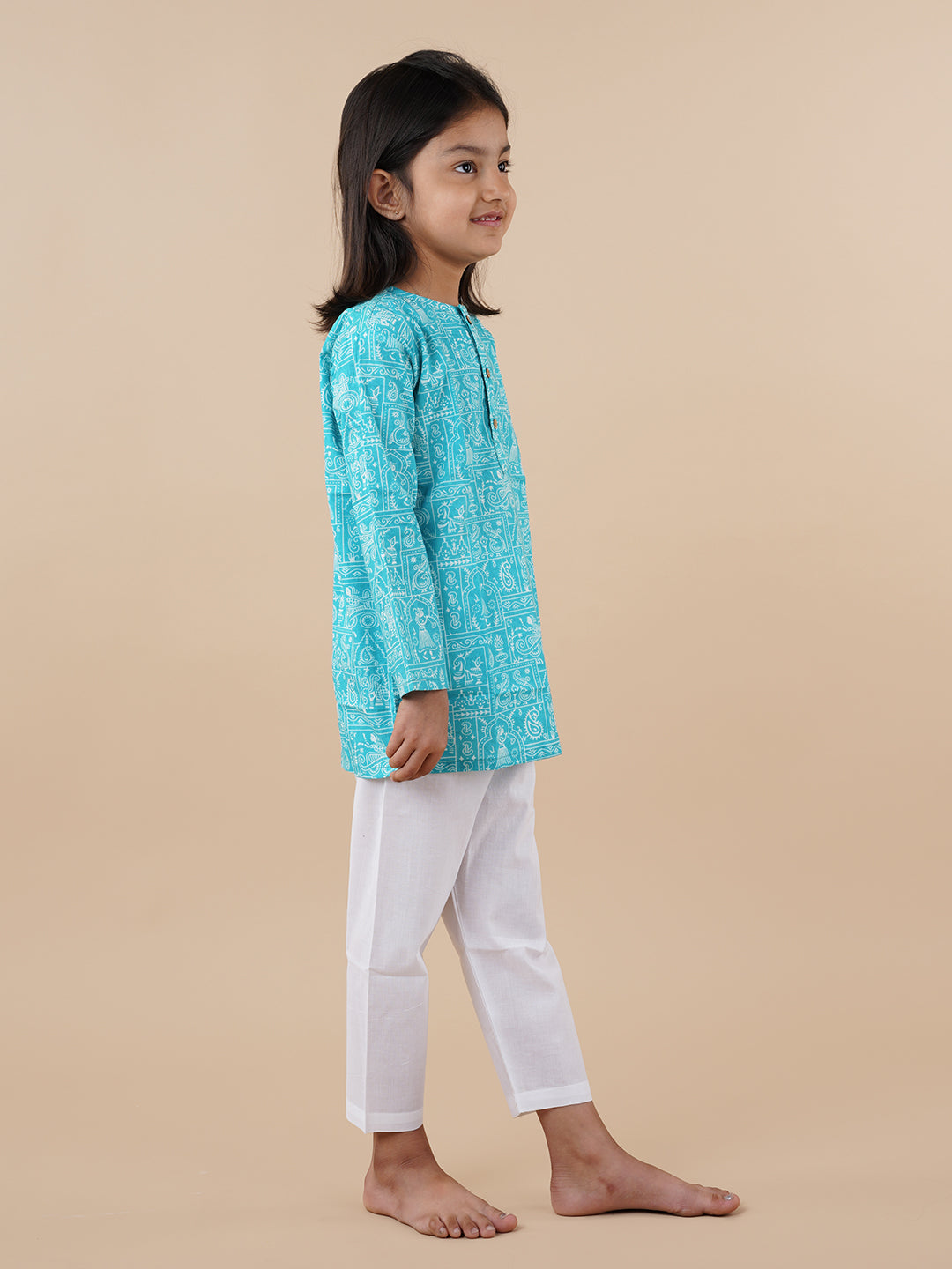 Blue Printed Kids Cotton Kurta Pyjama Set