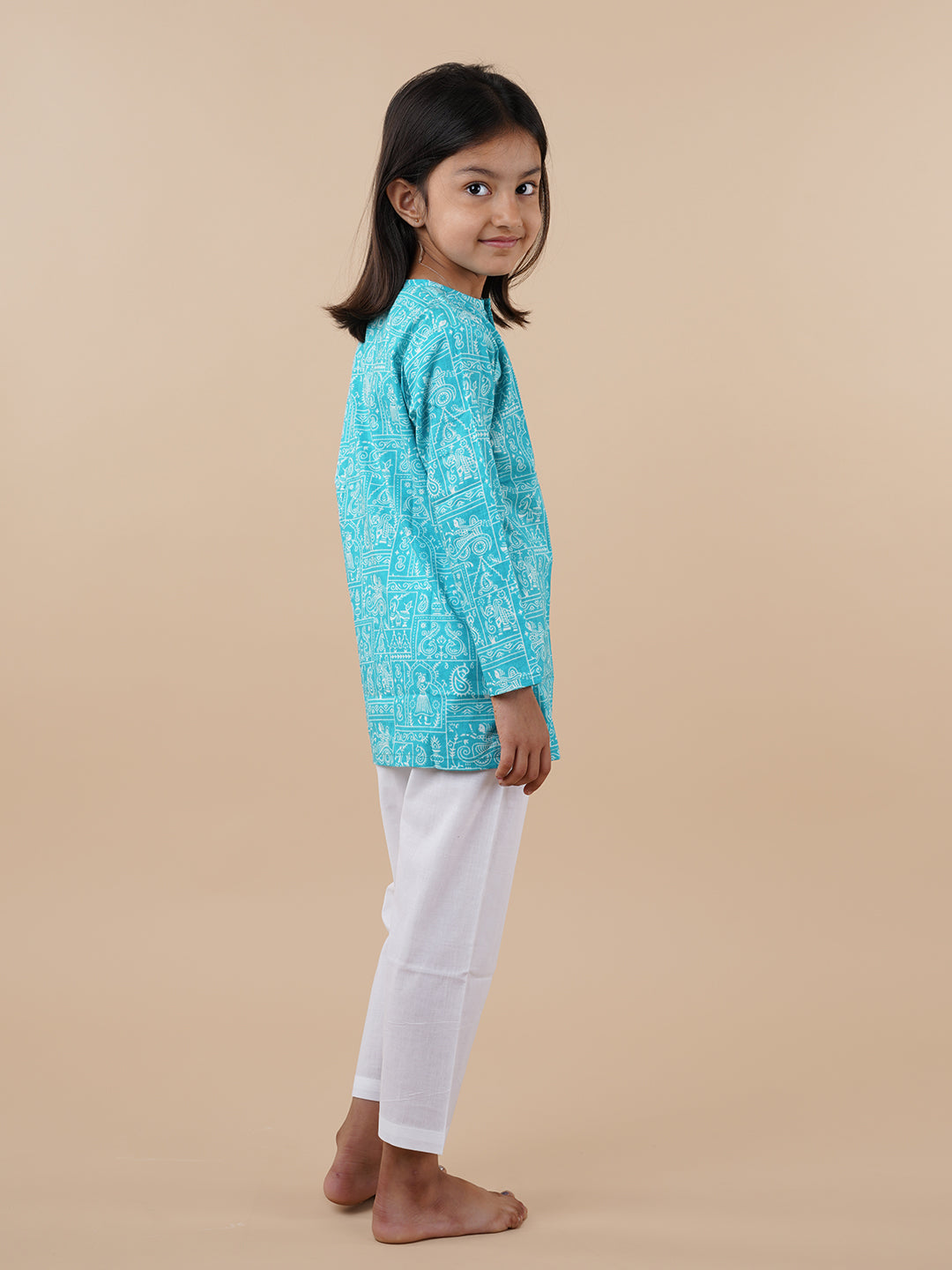 Blue Printed Kids Cotton Kurta Pyjama Set