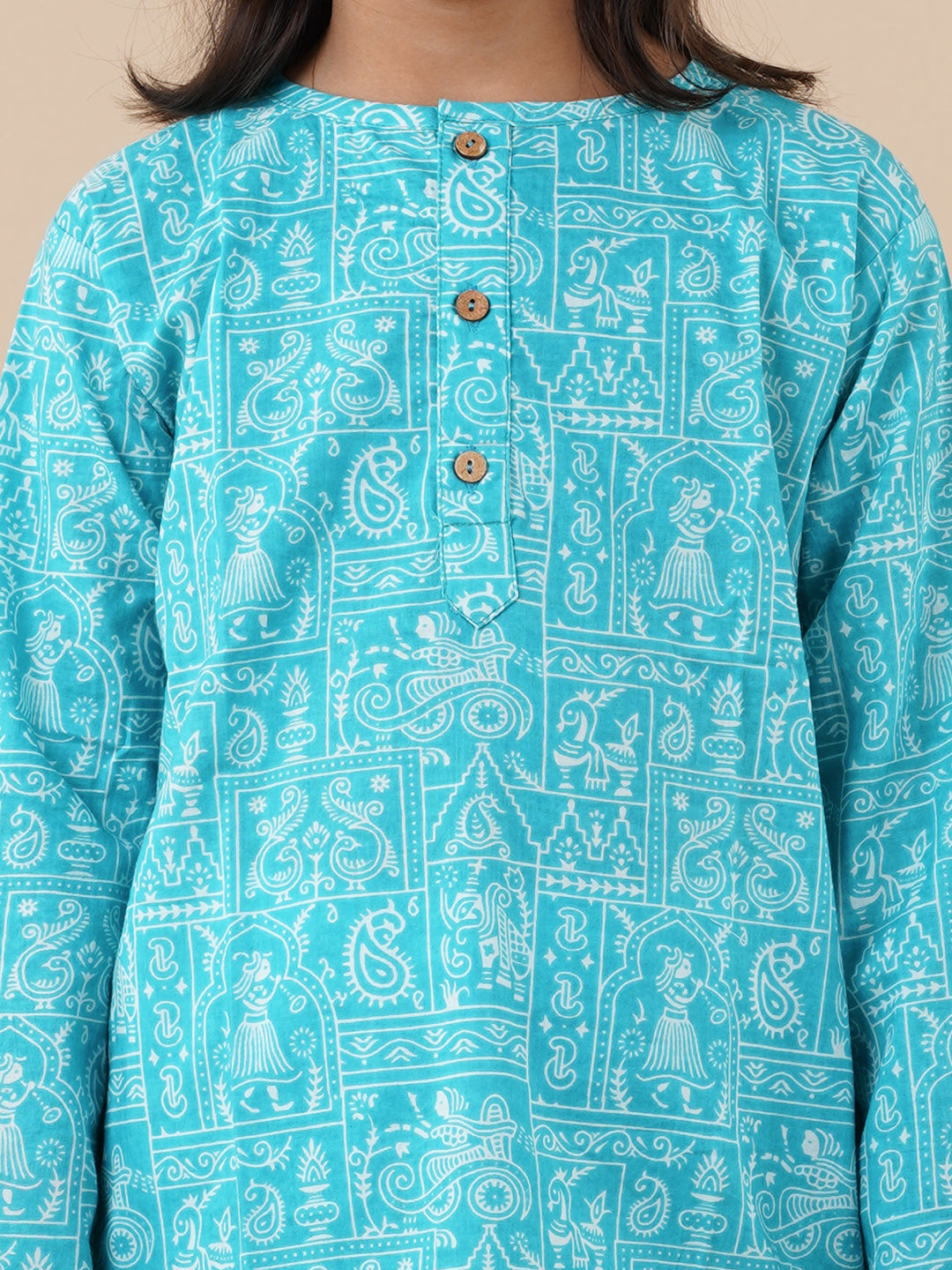 Blue Printed Kids Cotton Kurta Pyjama Set