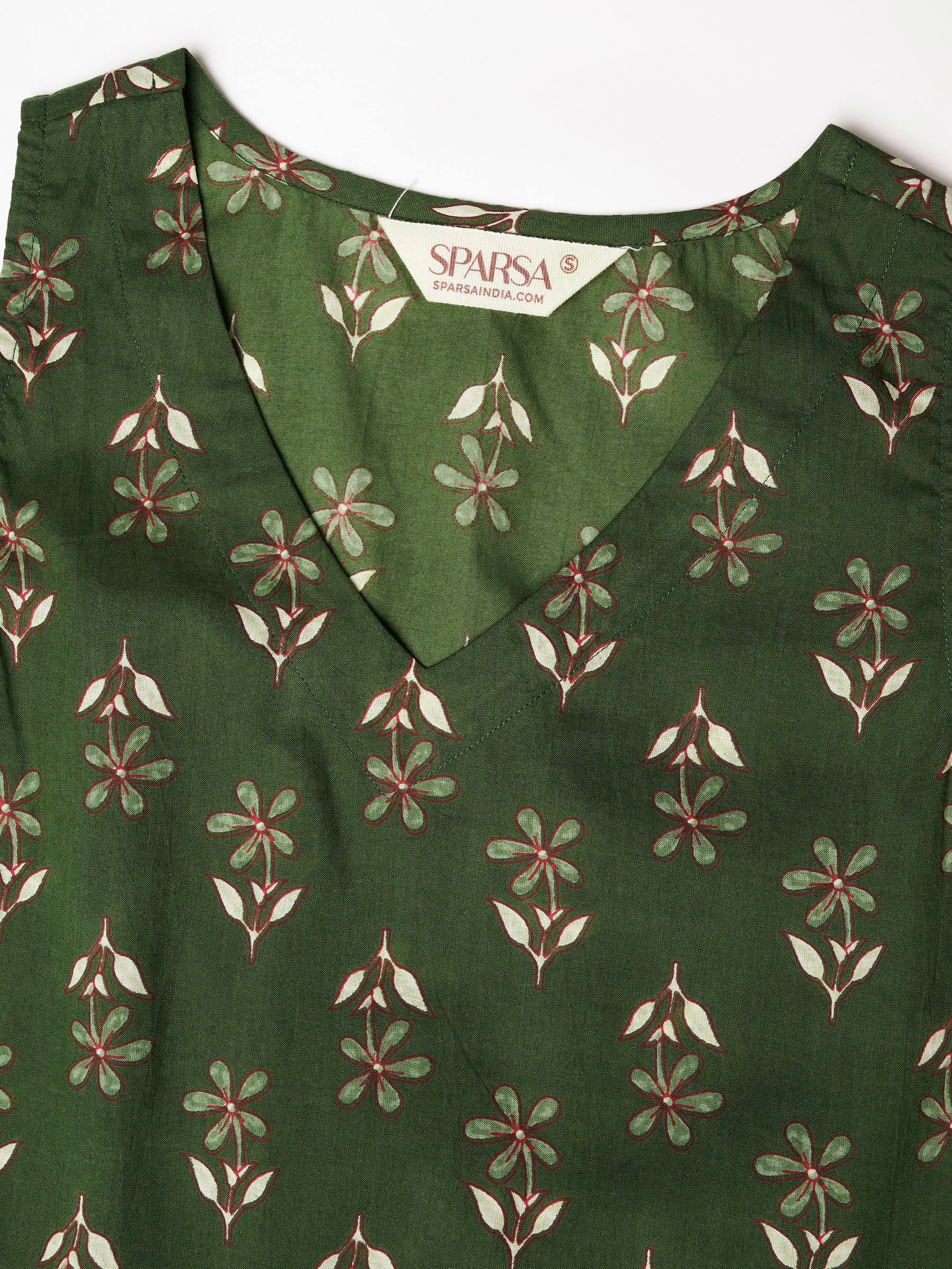 Green Printed Sleeveless V-Neck Cotton Top