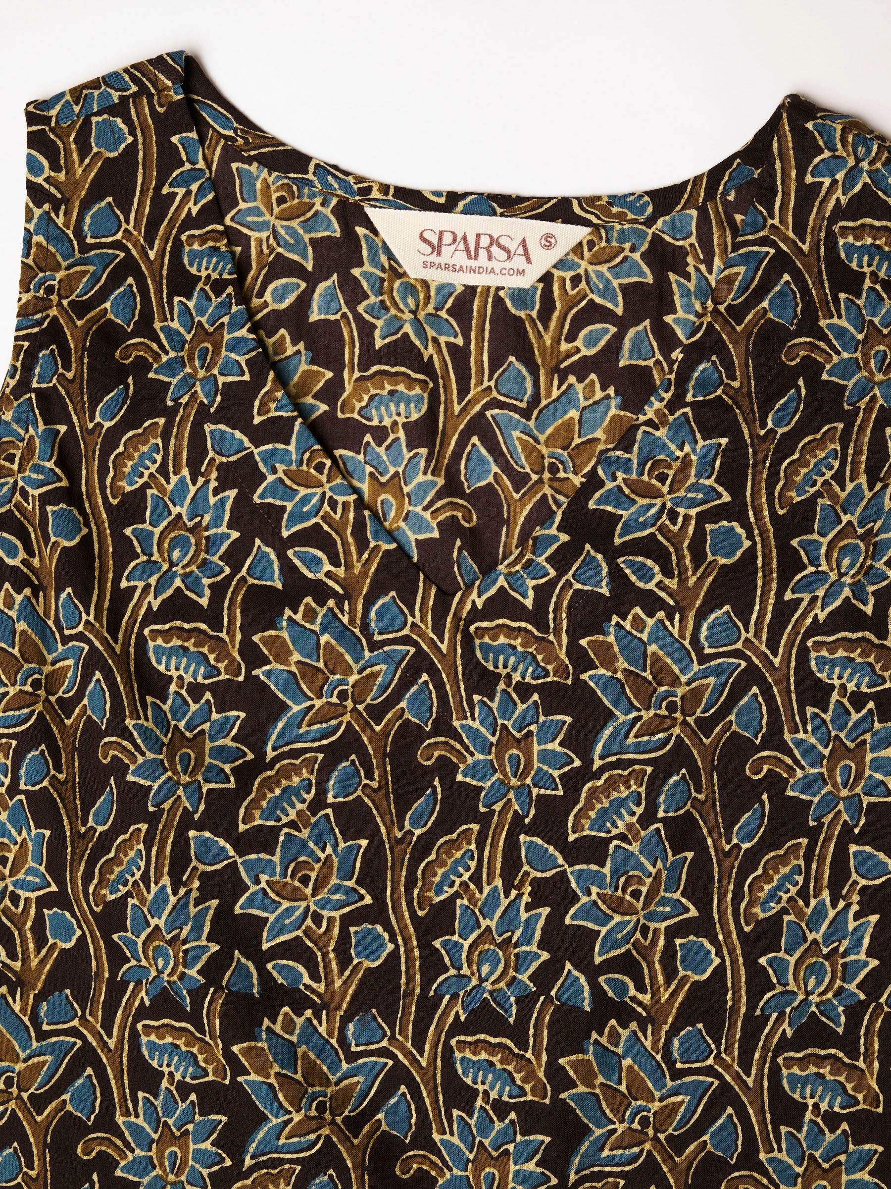 Brown Printed Sleeveless V-Neck Cotton Top