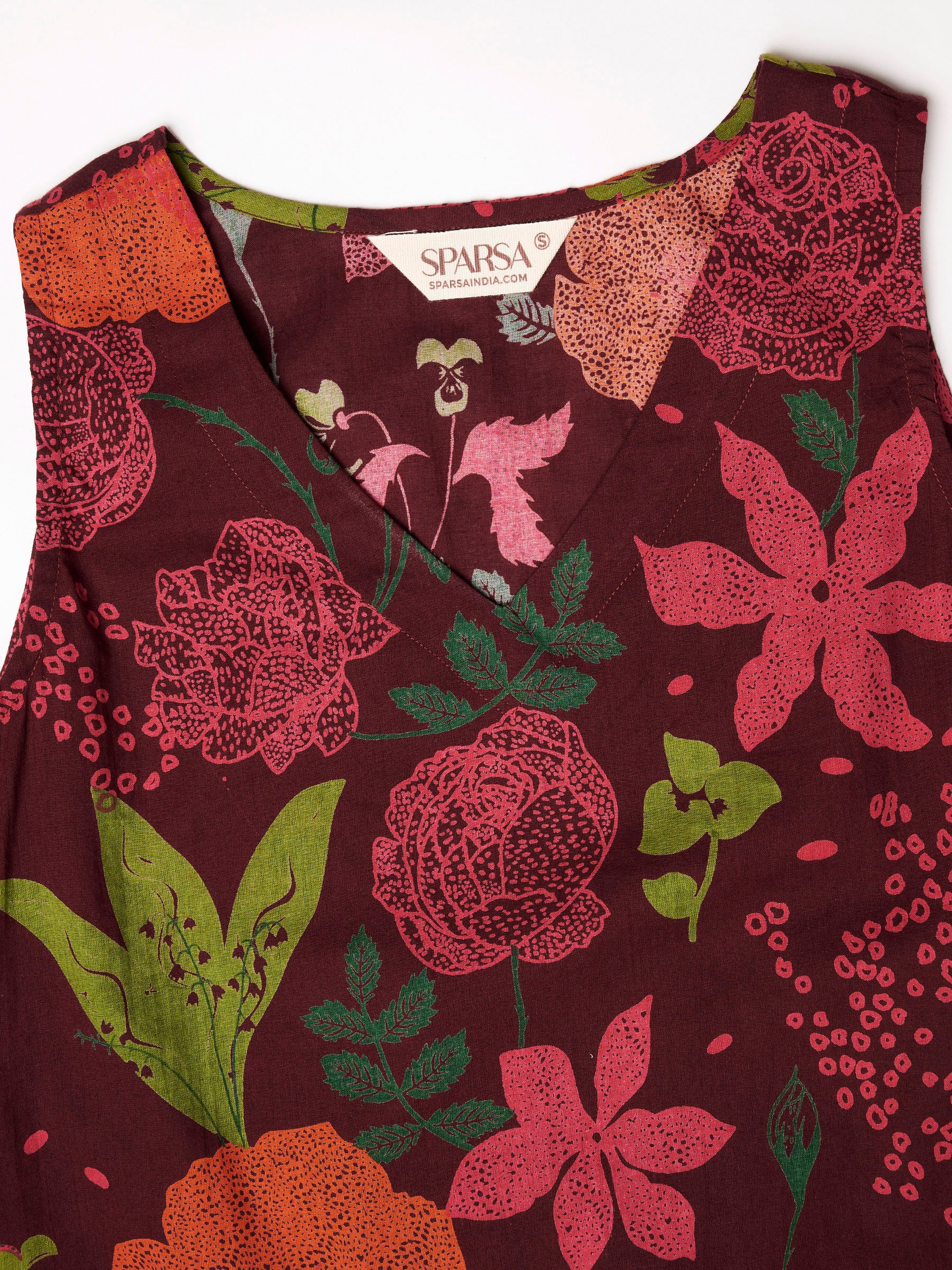 Wine Printed Sleeveless V-Neck Cotton Top