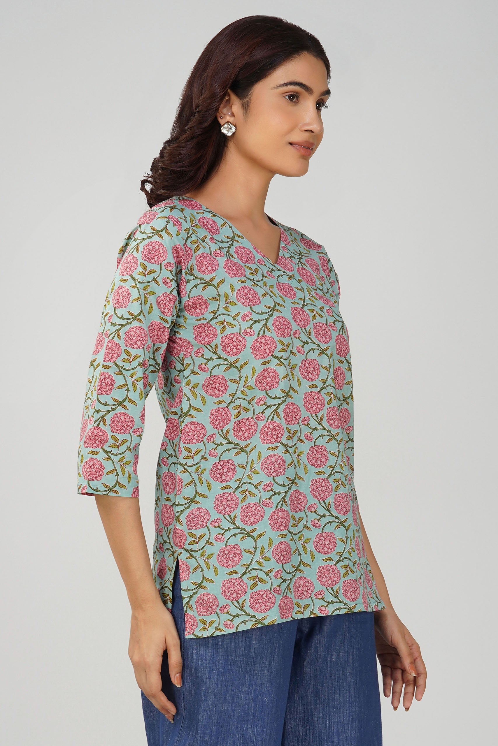 Sea Green Printed V-Neck Cotton Top