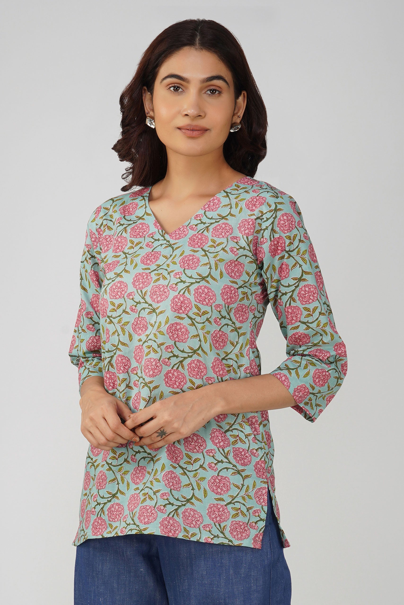 Sea Green Printed V-Neck Cotton Top