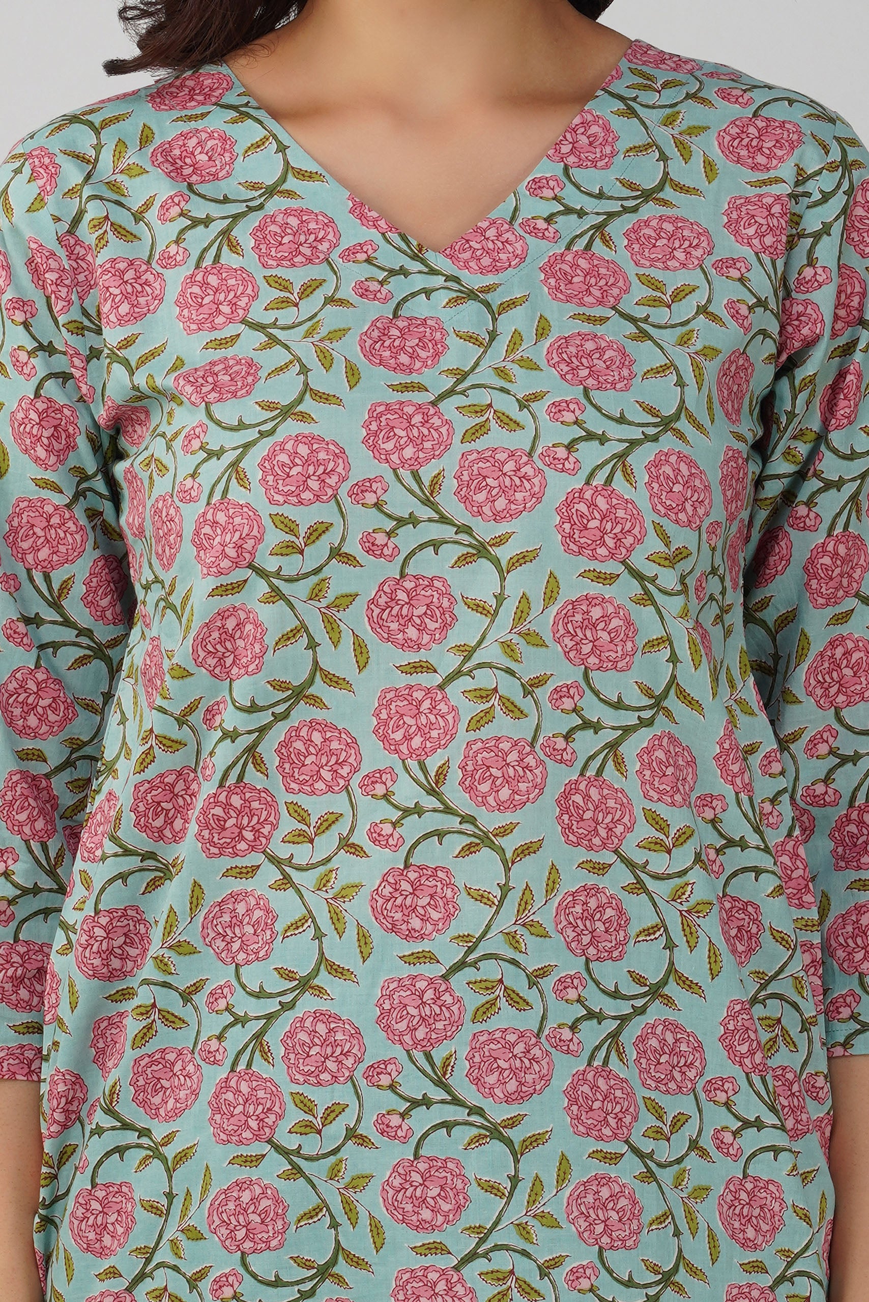 Sea Green Printed V-Neck Cotton Top