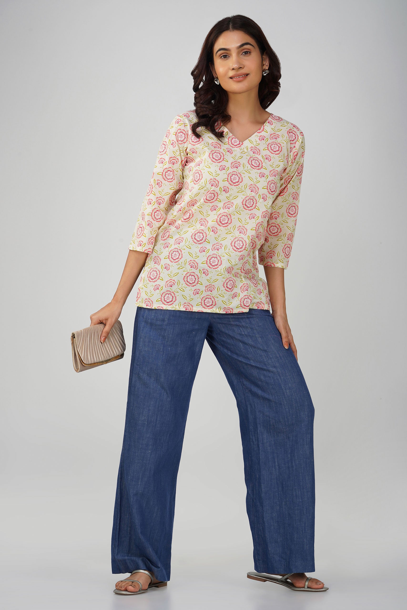 Off-Pink Printed V-Neck Cotton Top
