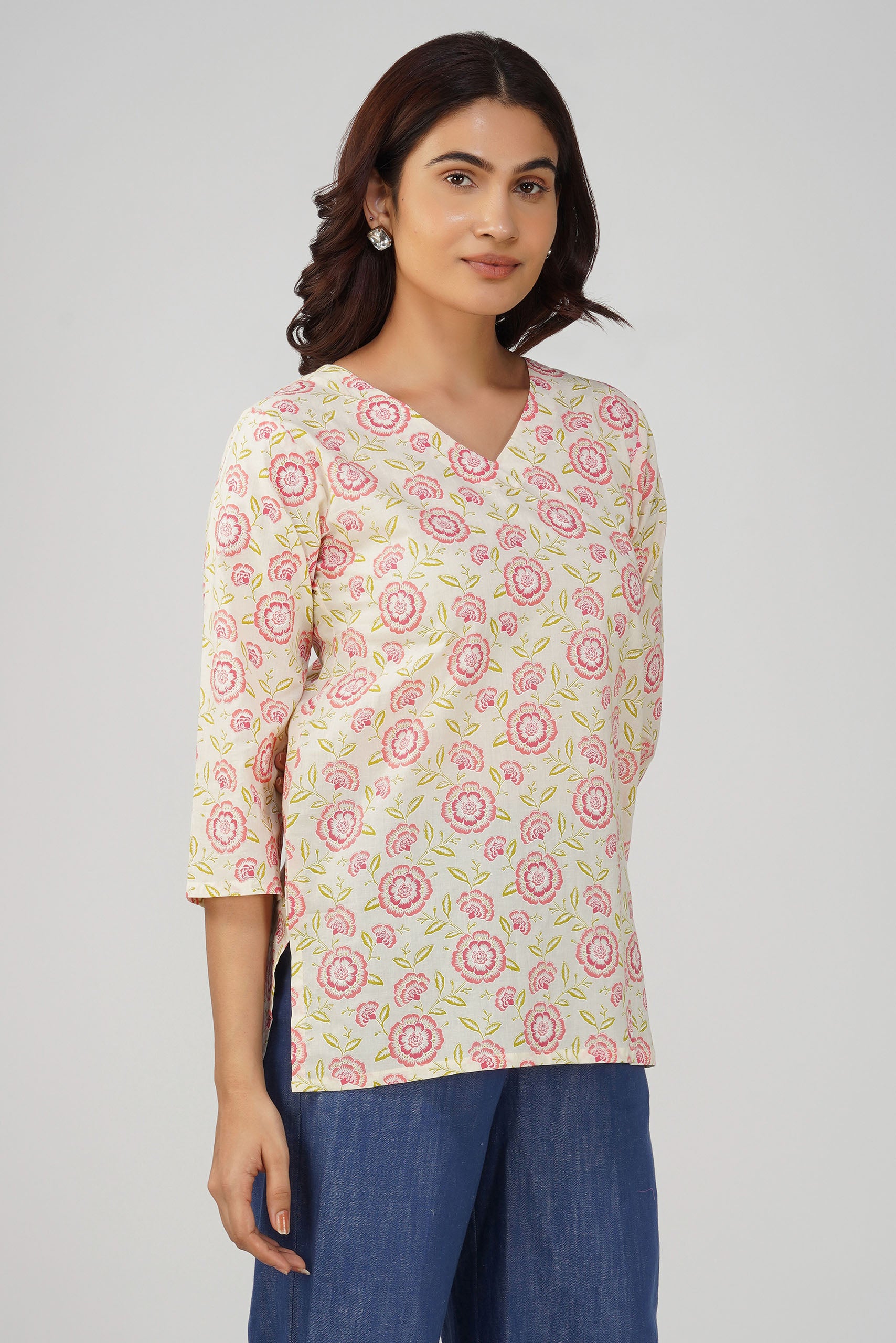 Off-Pink Printed V-Neck Cotton Top