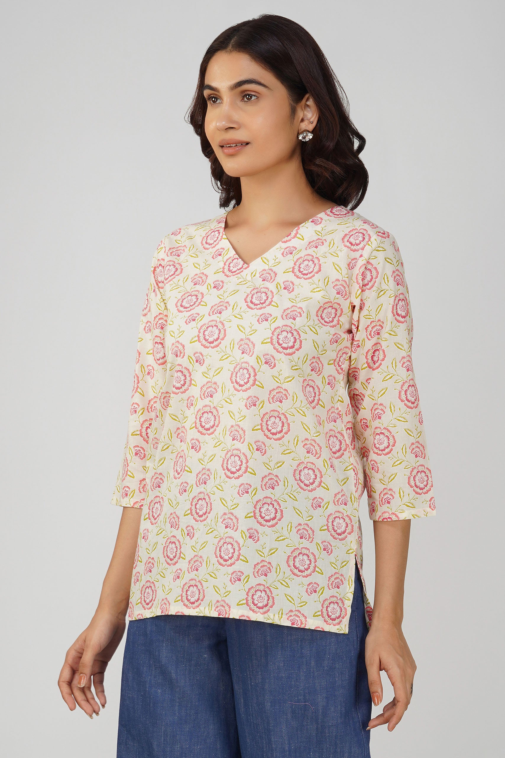 Off-Pink Printed V-Neck Cotton Top