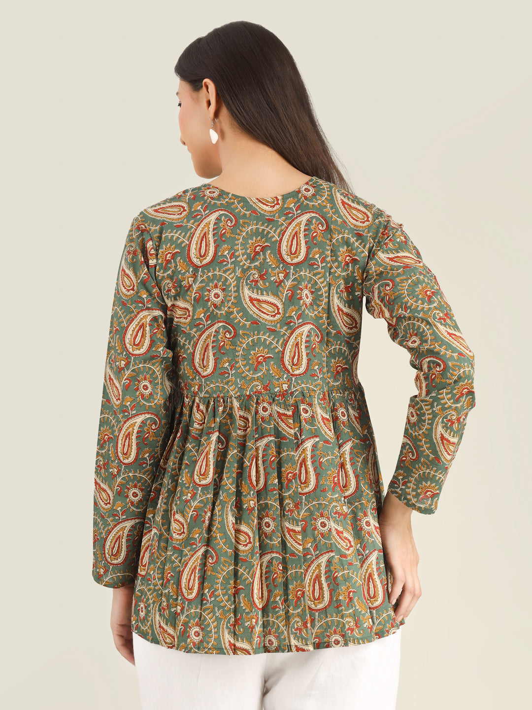Green Printed Full-Sleeves Alia-Cut Cotton Top
