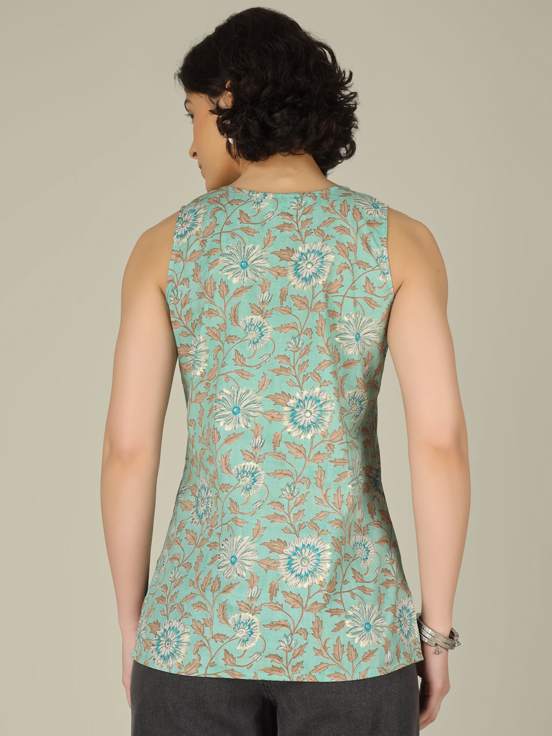 Light Green Printed Round Neck Sleeveless Cotton Top