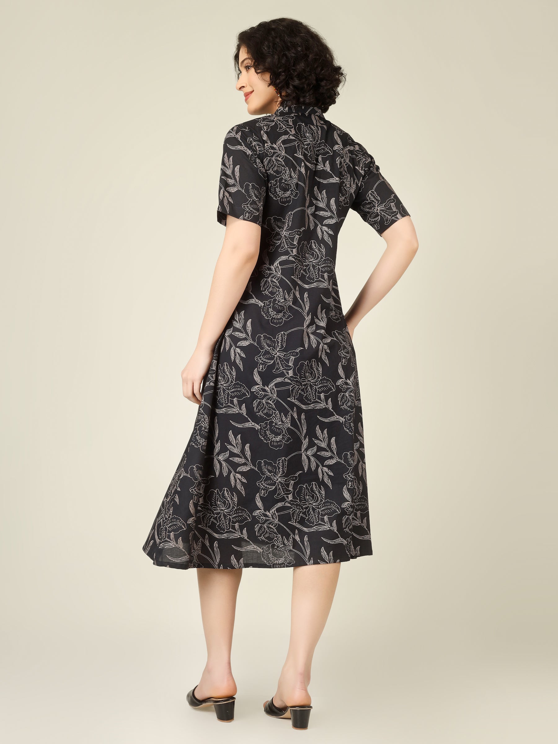 Black Printed A-Line Cotton Shirt Dress