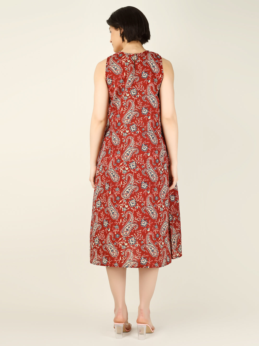 Maroon Printed Sleeveless A-Line Cotton Dress