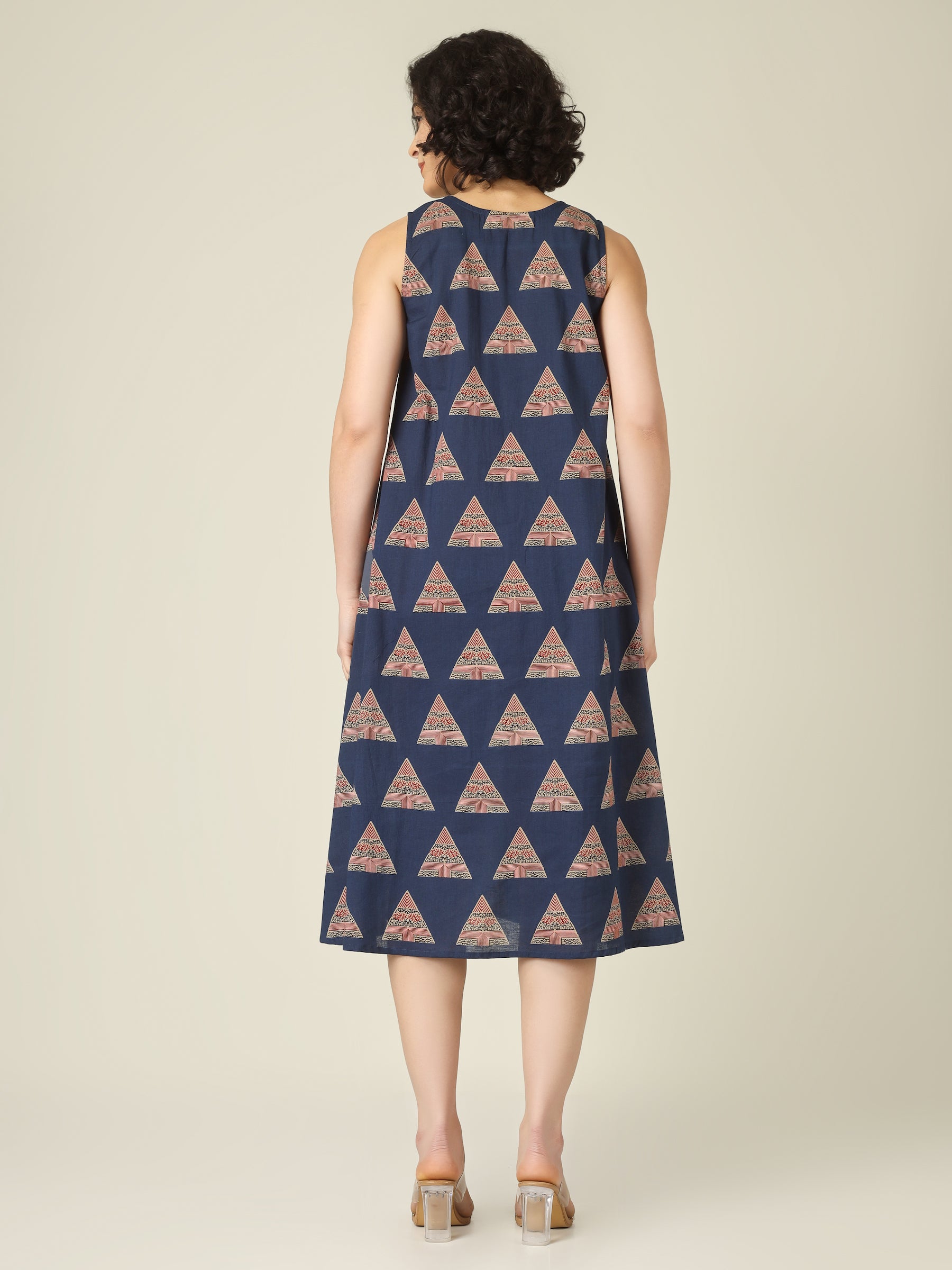 Blue Printed V-Neck Sleeveless A-Line Cotton Dress