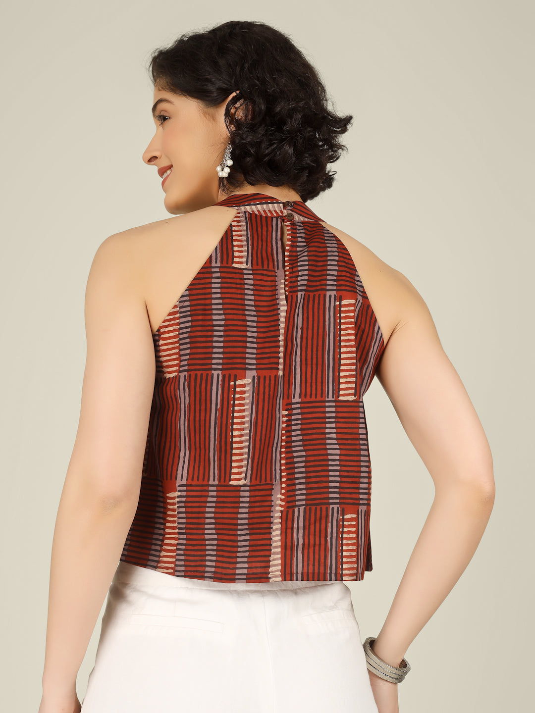 Rust Printed Halter Neck Sleeveless Cotton Top