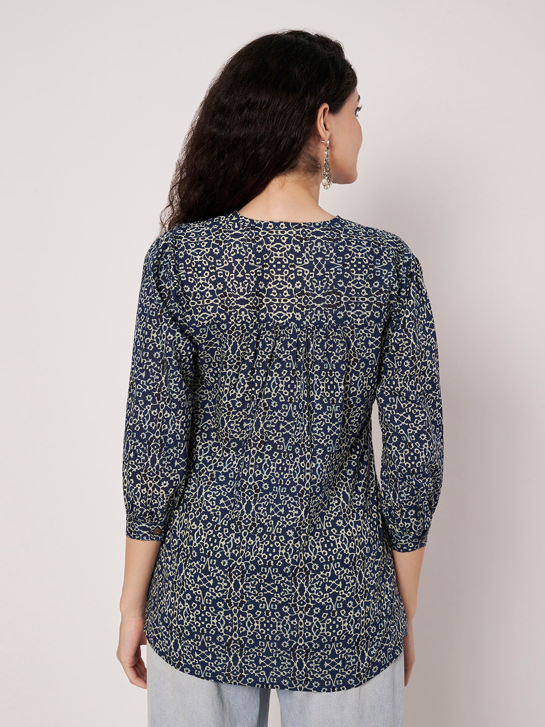Blue Printed V-Neck Cotton Top