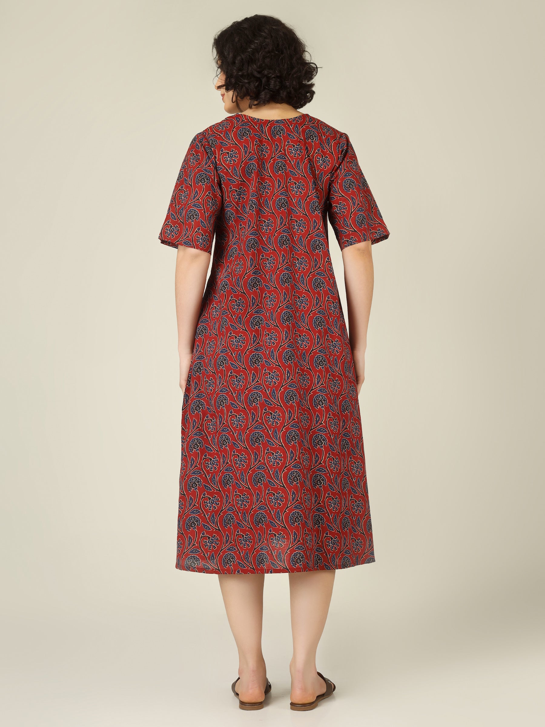 Maroon Printed Half-Sleeve A-Line Cotton Dress