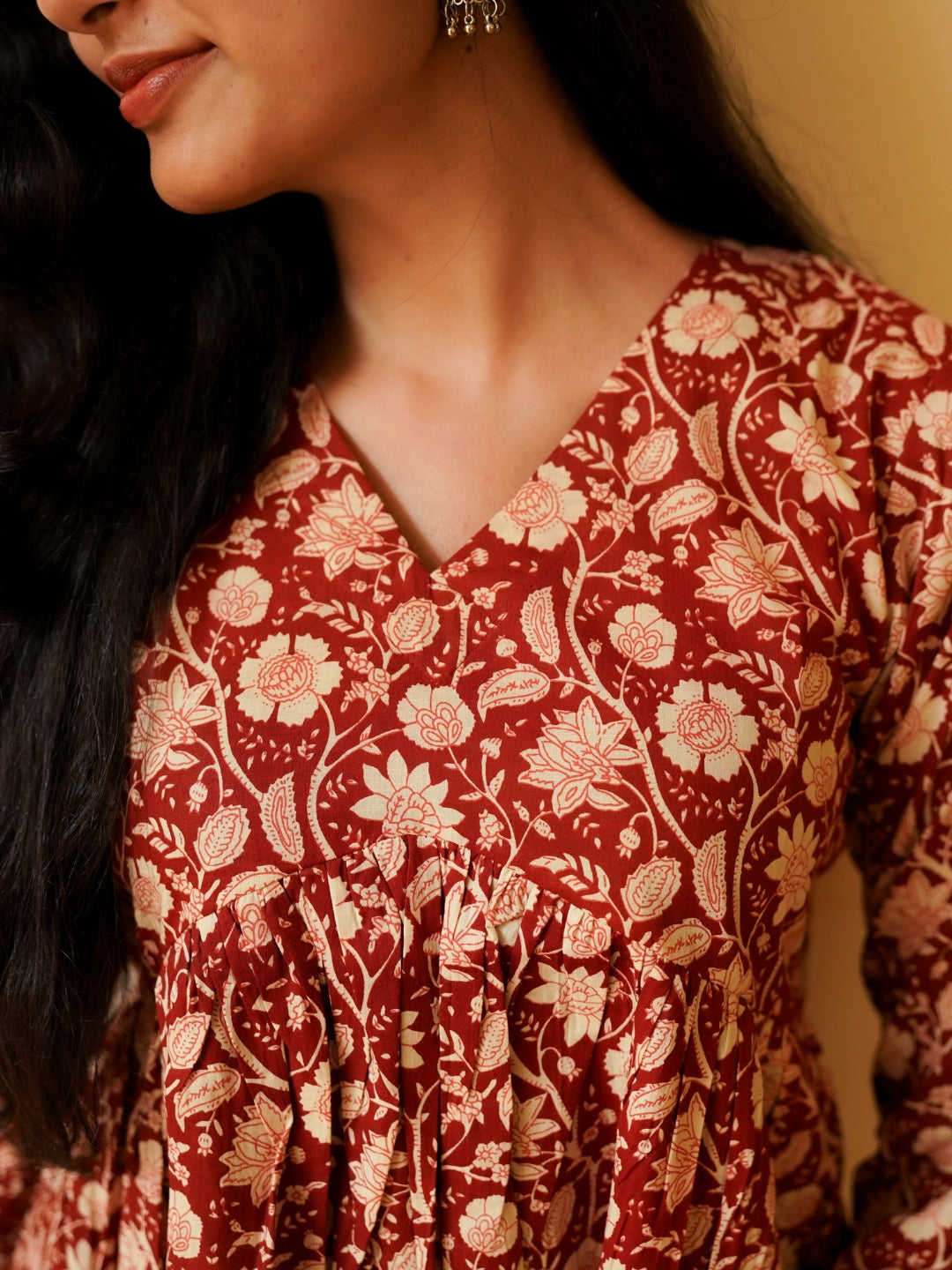 Maroon Printed Full Sleeves Alia Cut Cotton Top