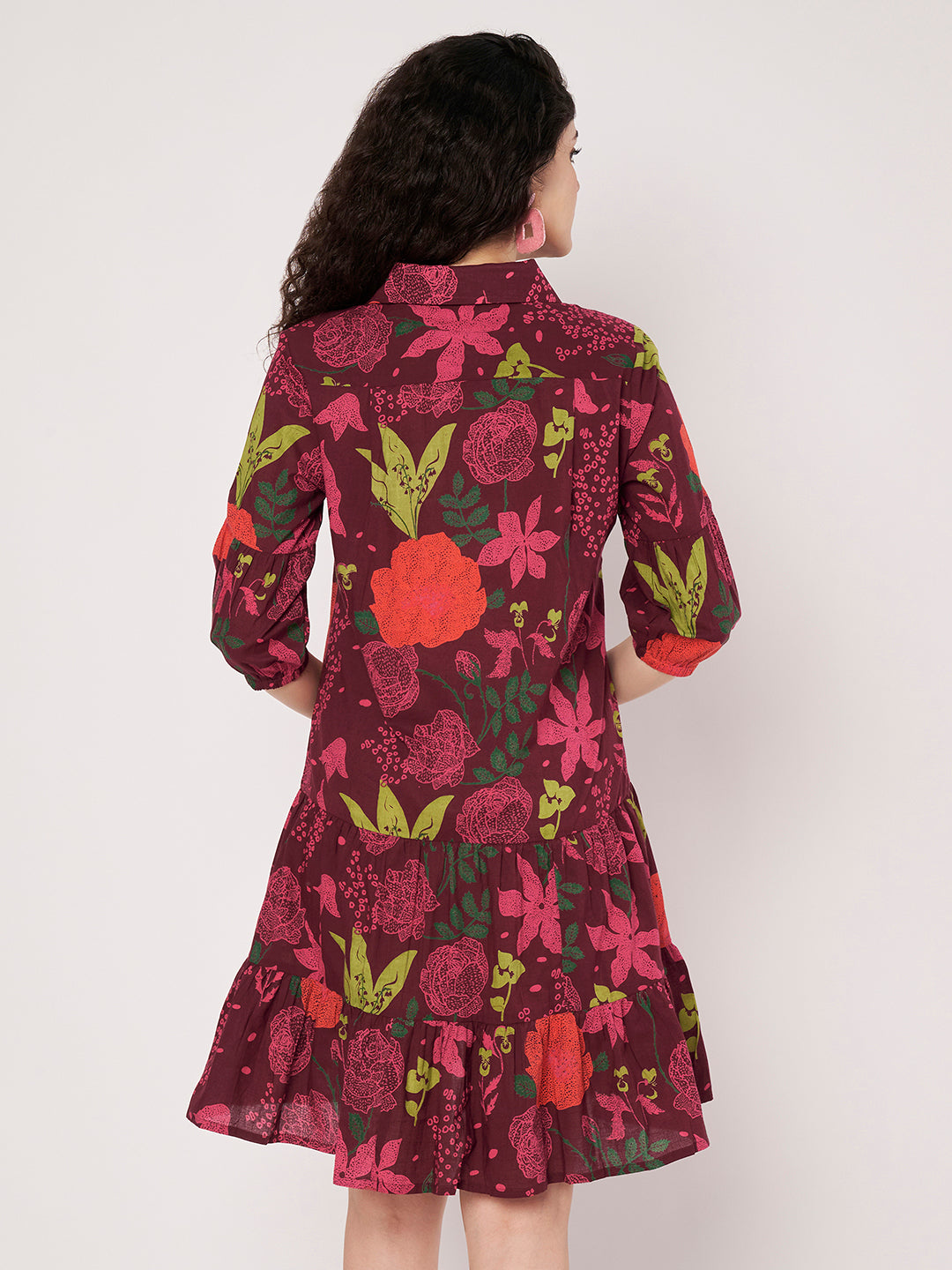 Maroon Printed Short Cotton Dress