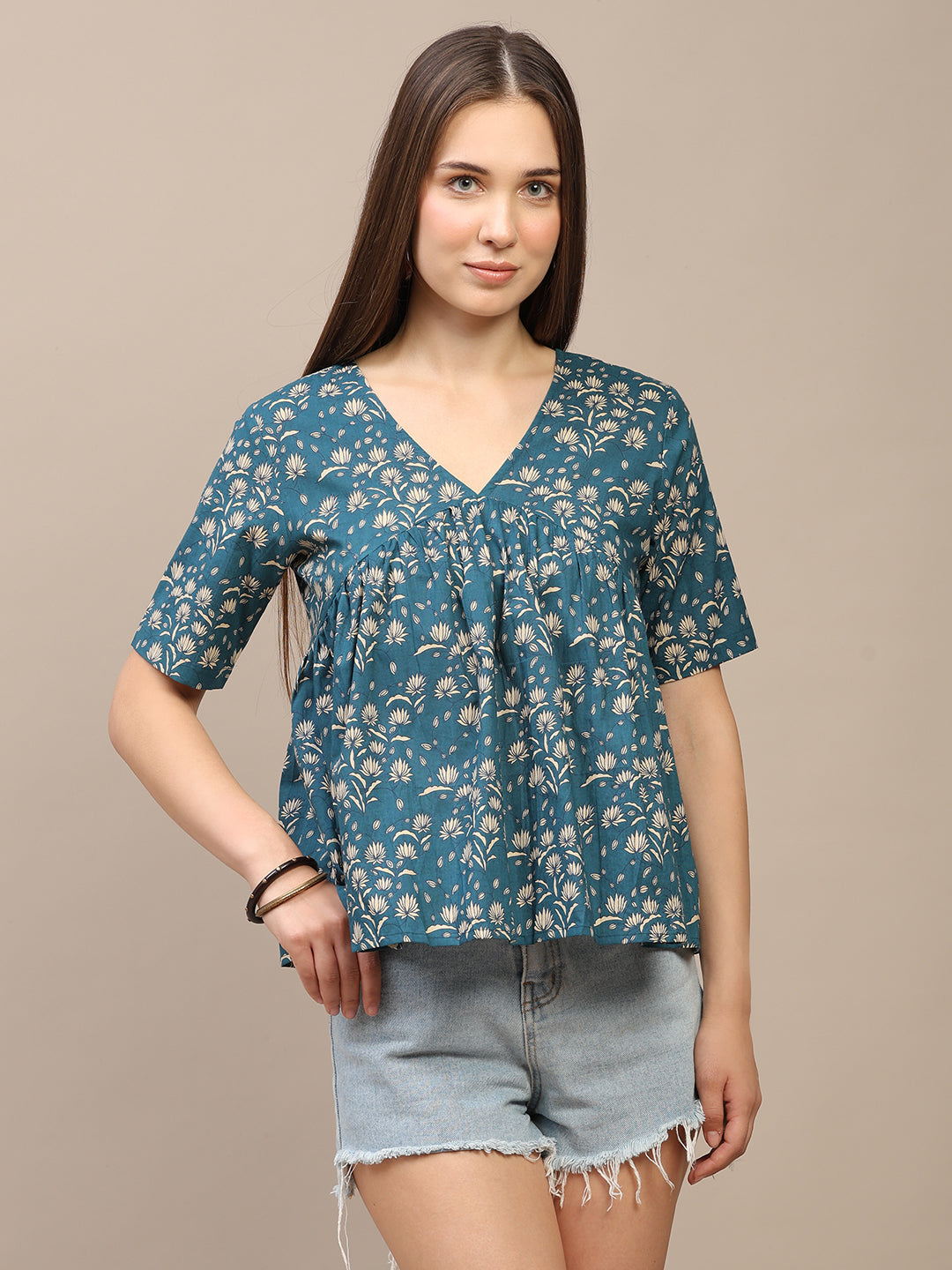Teal Blue Printed Half-Sleeve Alia-Cut Cotton Top