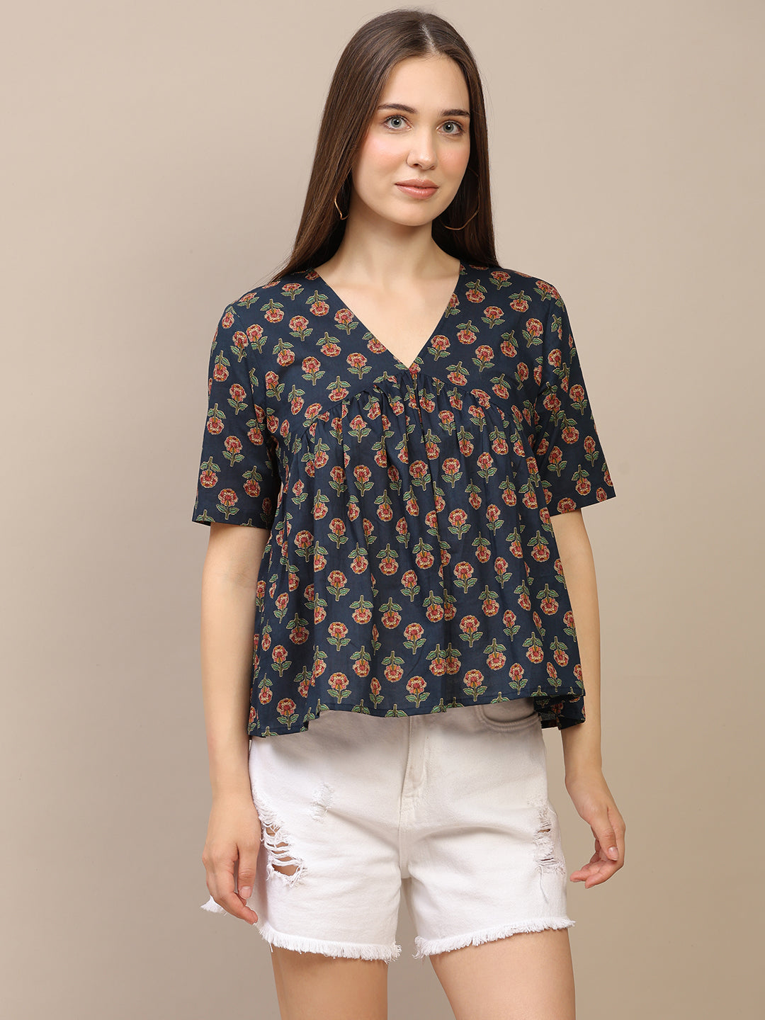 Navy Blue Printed Half-Sleeve Alia-Cut Cotton Top