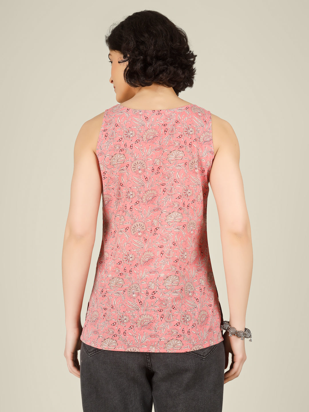 Peach Printed Round Neck Sleeveless Cotton Top