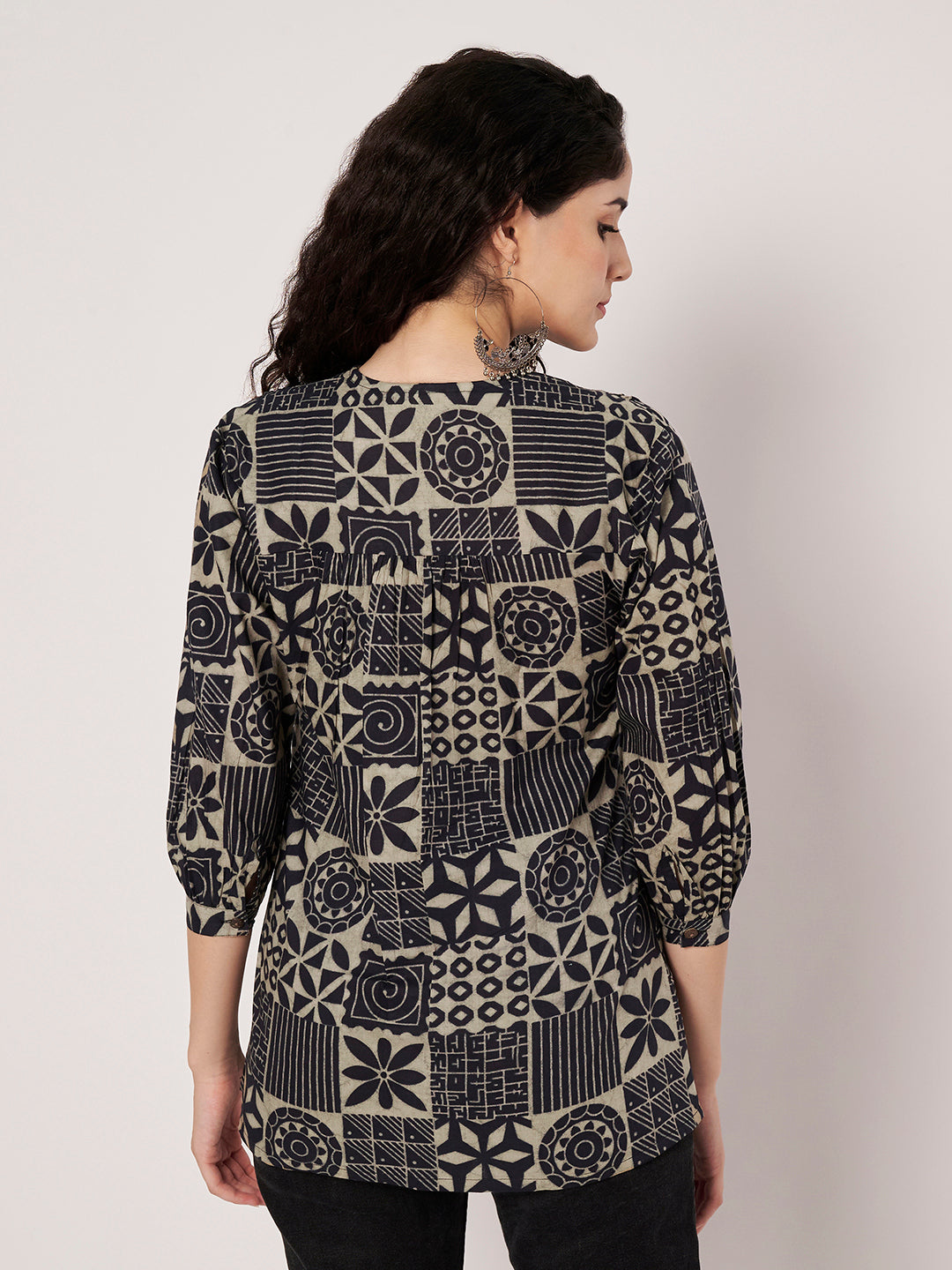 Navy Blue Printed V-Neck Cotton Top
