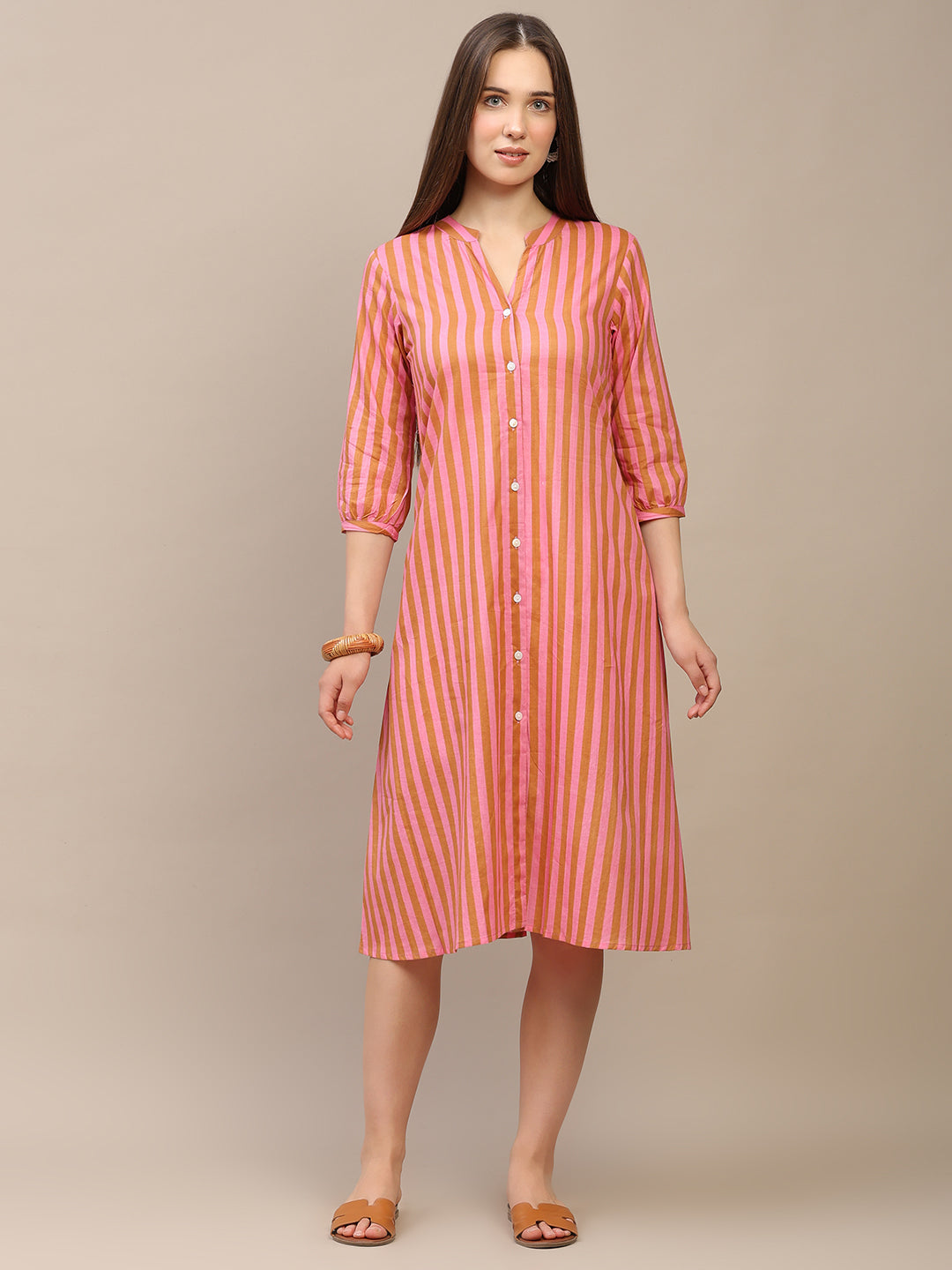 Peach Striped A-Line Cotton Dress