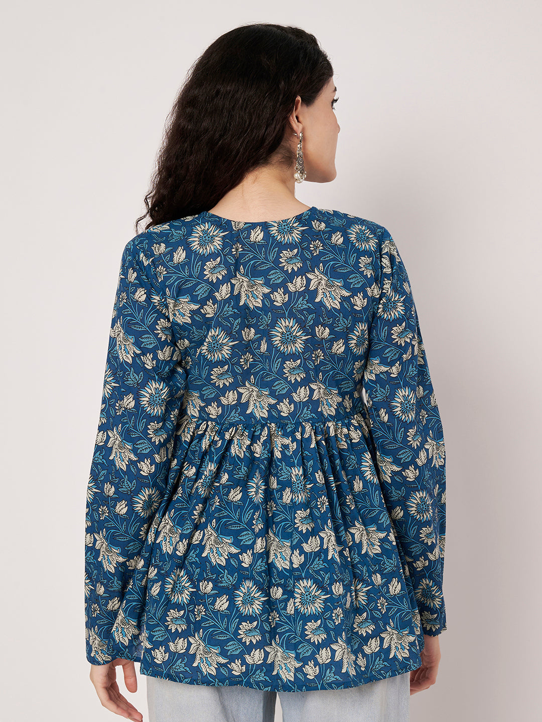 Blue Printed Alia-Cut Cotton Top