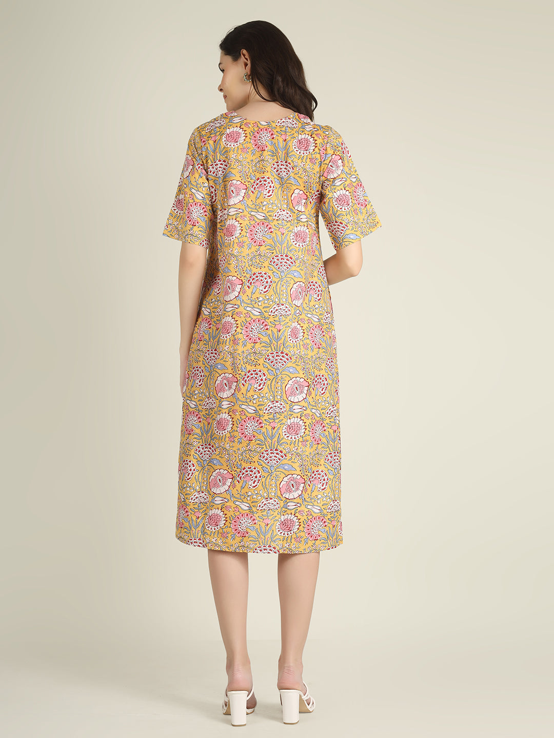 Yellow Printed Half-Sleeve A-Line Cotton Dress