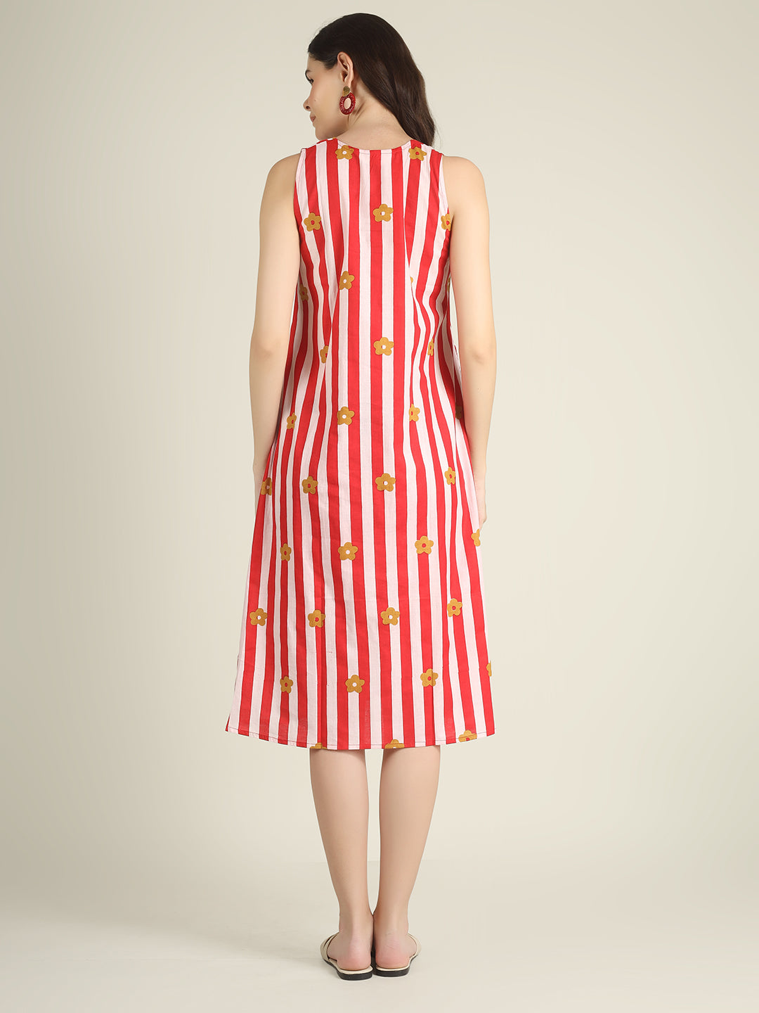 Red Striped Sleeveless V-Neck A-Line Cotton Dress