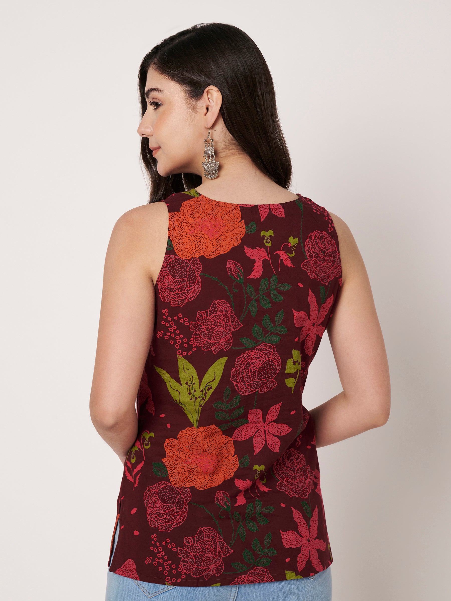 Wine Printed Sleeveless V-Neck Cotton Top