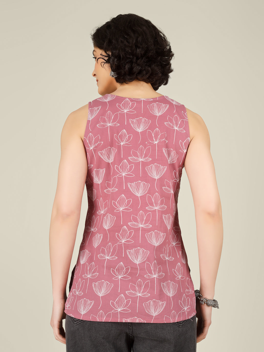 Pink Printed Round Neck Sleeveless Cotton Top