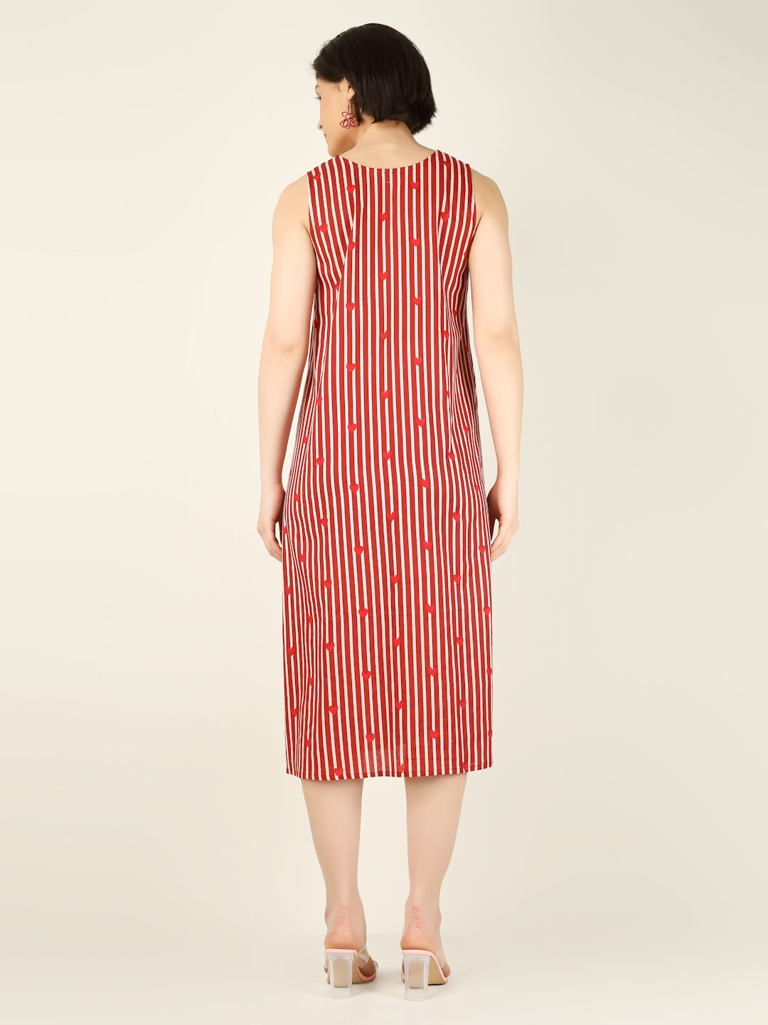 Red Striped Sleeveless V-Neck A-Line Cotton Dress
