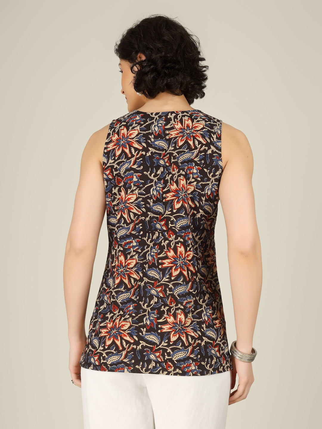 Black Printed Round Neck Sleeveless Cotton Top