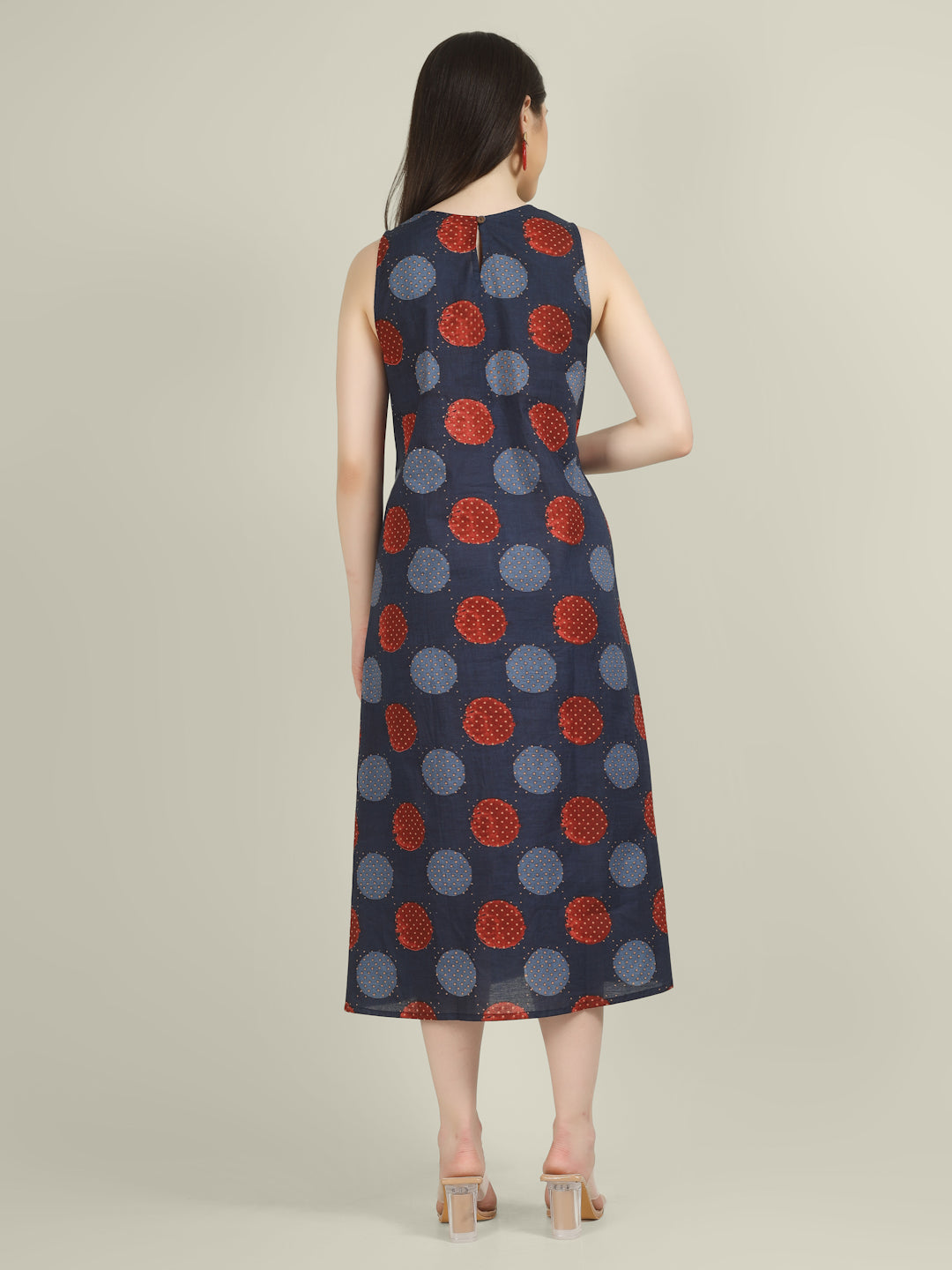 Blue Printed Sleeveless A-Line Cotton Dress