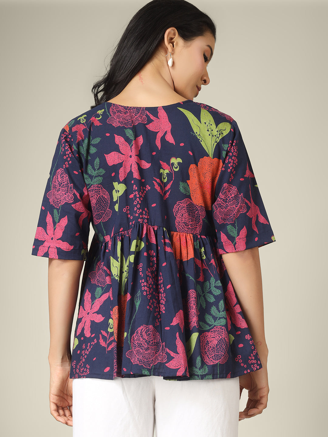 Navy Blue Printed Half-Sleeve Alia-Cut Cotton Peplum Top