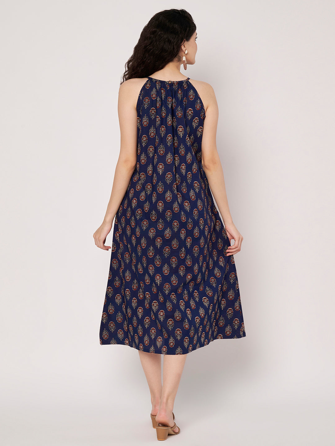 Navy Blue Printed Sleeveless A-Line Cotton Dress