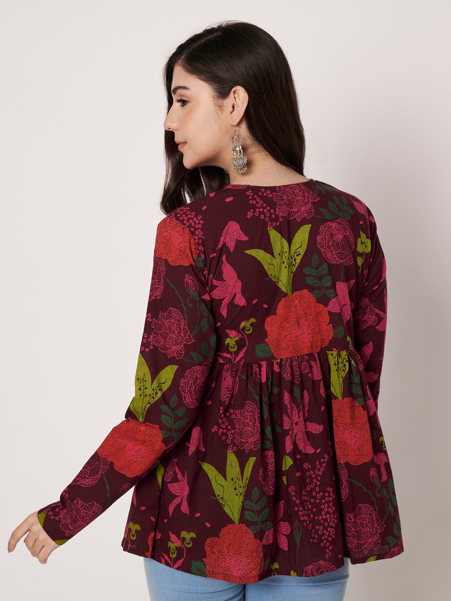 Wine Printed Alia-Cut Cotton Top