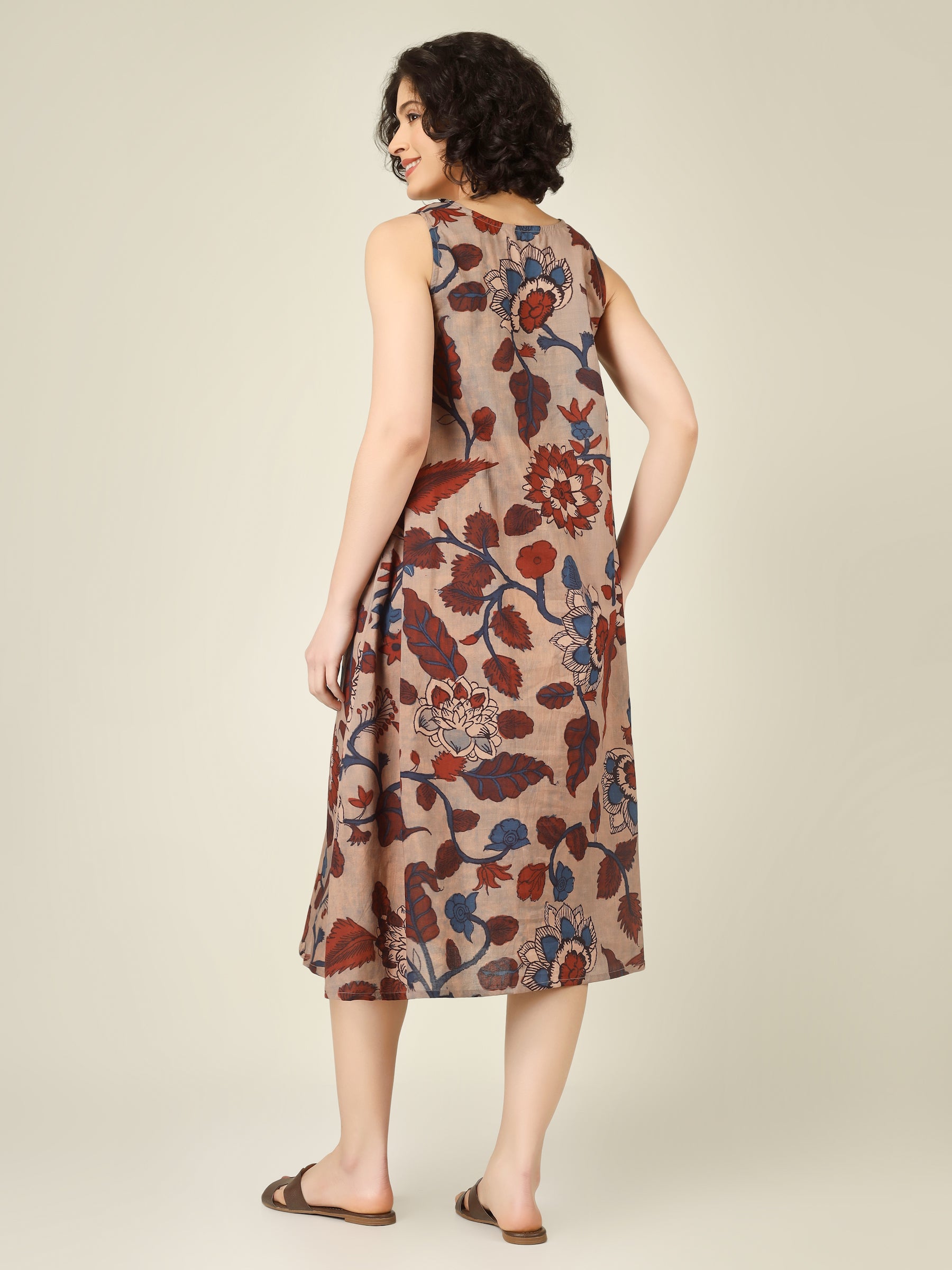 Beige Printed V-Neck Sleeveless A-Line Cotton Dress