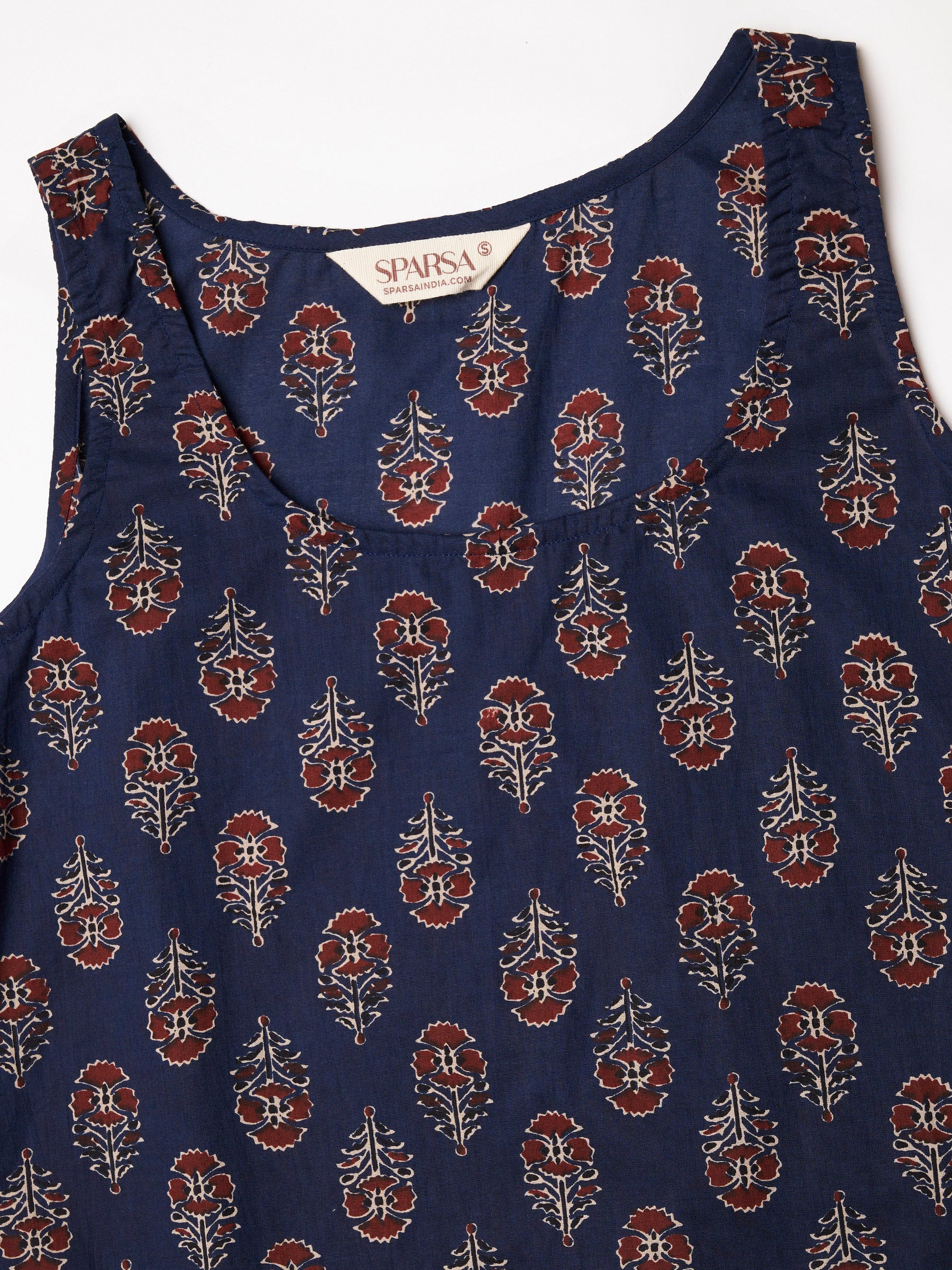 Navy Blue Printed Sleeveless Cotton Top